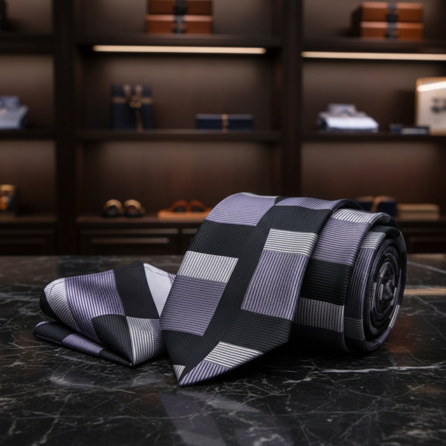 Alt View: Grey, Black Abstract Necktie and Square