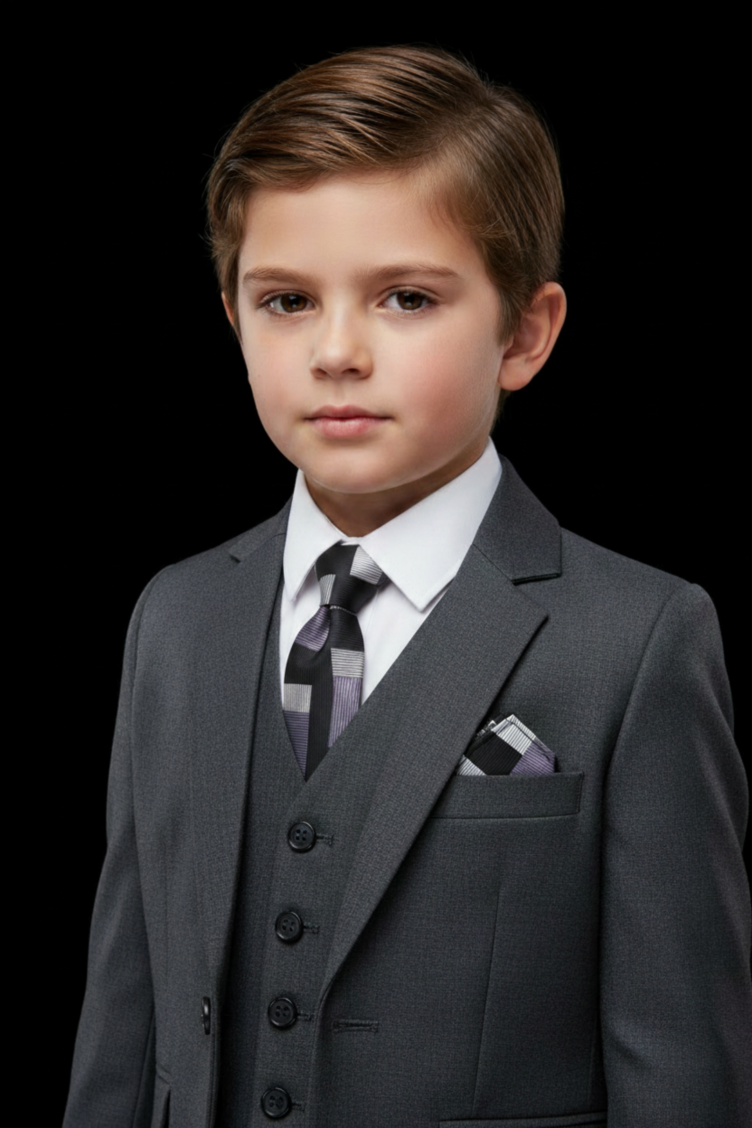 Boys Grey and Black or Purple, Black, Grey Geometric Necktie and Pocket Square