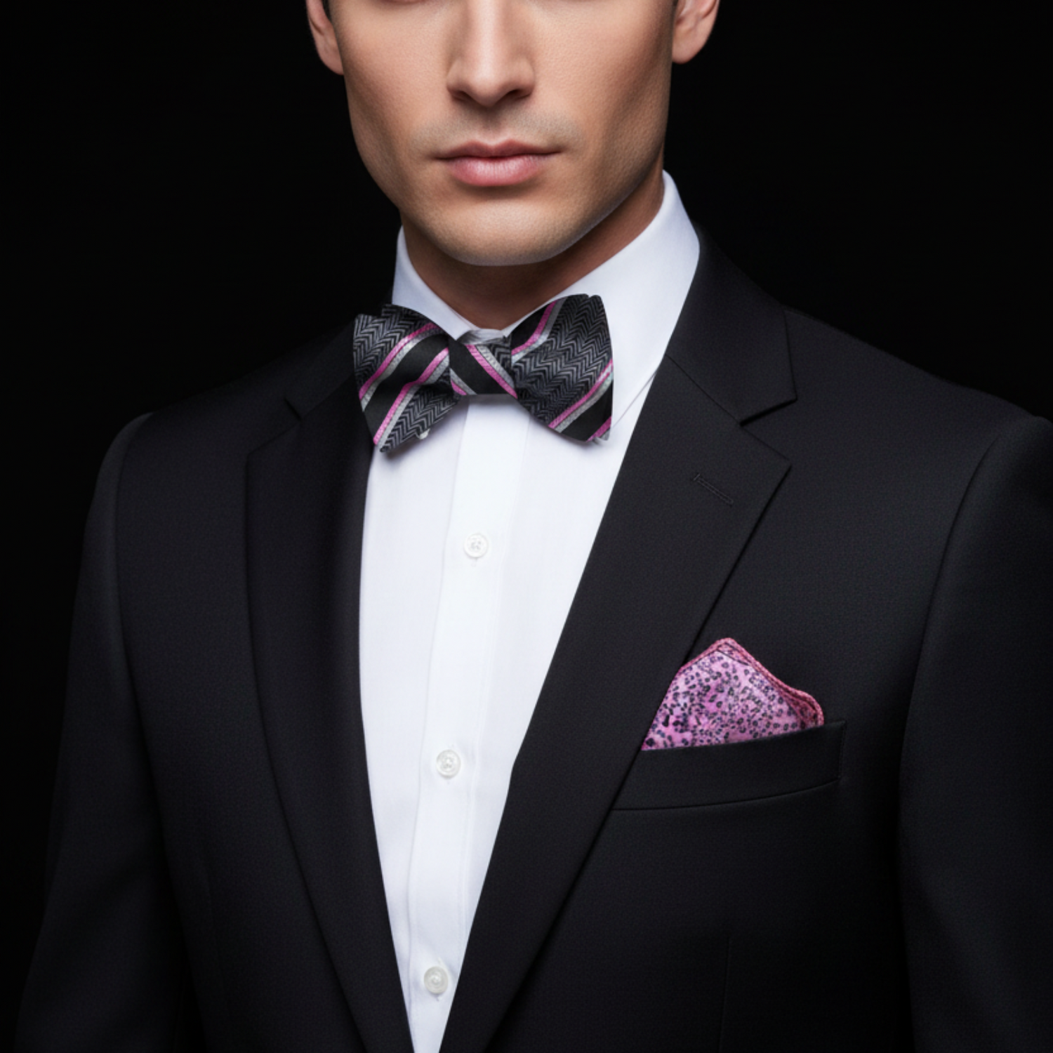 Grey Black Pink White Stripe Bow Tie and Accenting Square 1