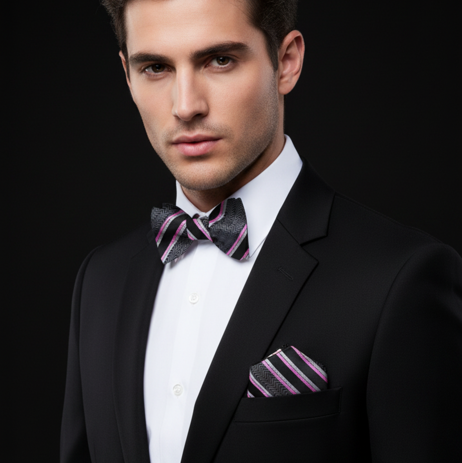 Grey Black Pink White Stripe Bow Tie and Square