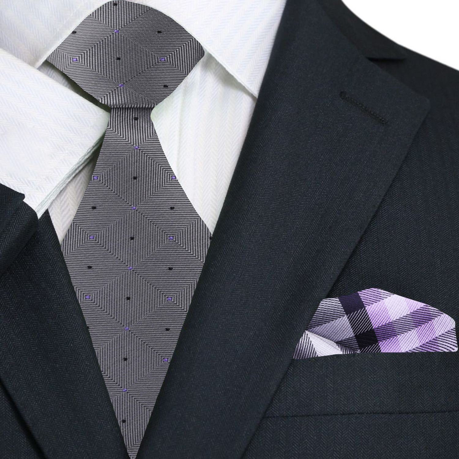 Grey Black Purple Geometric Tie and Purple Plaid Square
