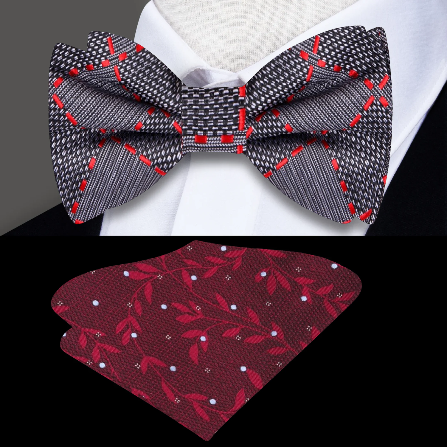 Grey Black Red Aria Geometric Bow Tie and Accenting Square