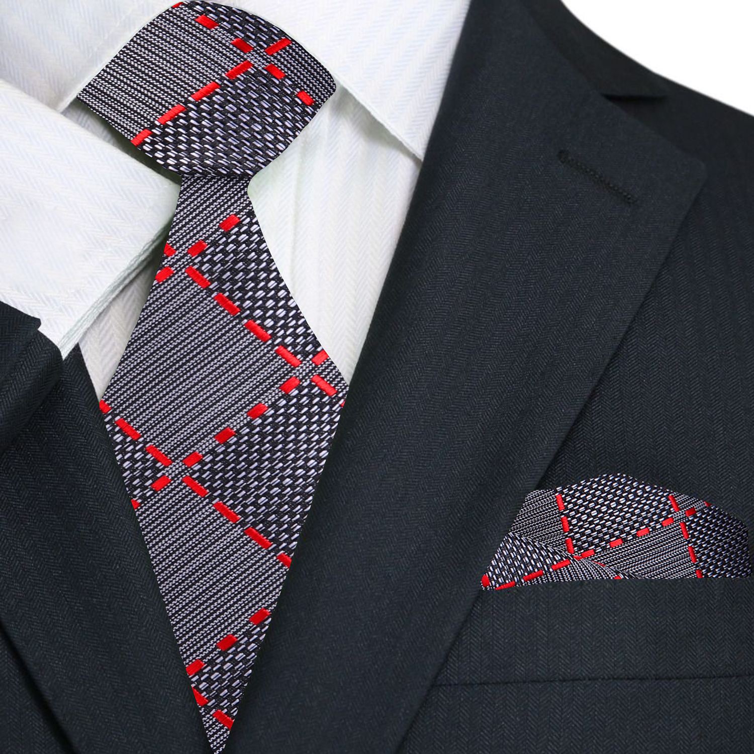 Grey Black Red Geometric Diamonds Tie and Pocket Square w