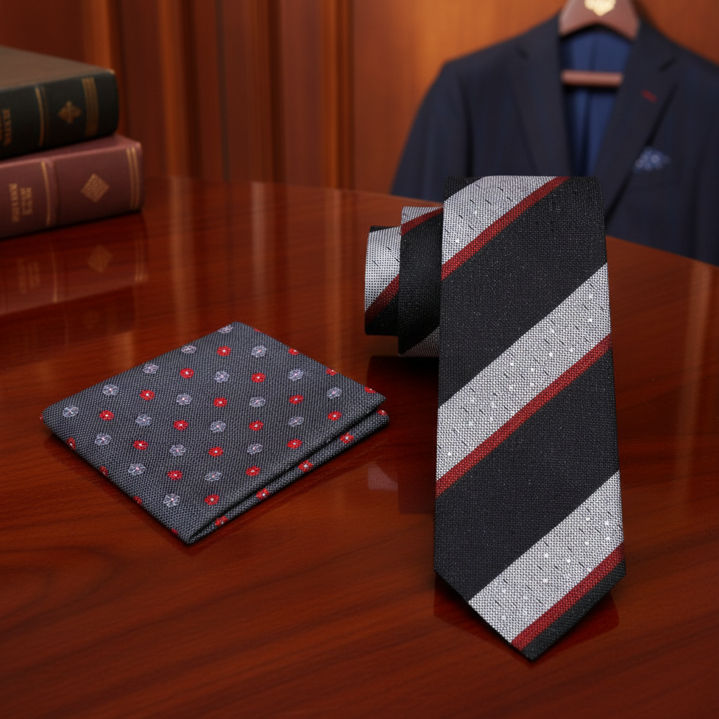 Alt View: A Black, Grey, Red Stripe Pattern Necktie, Accenting Pocket Square