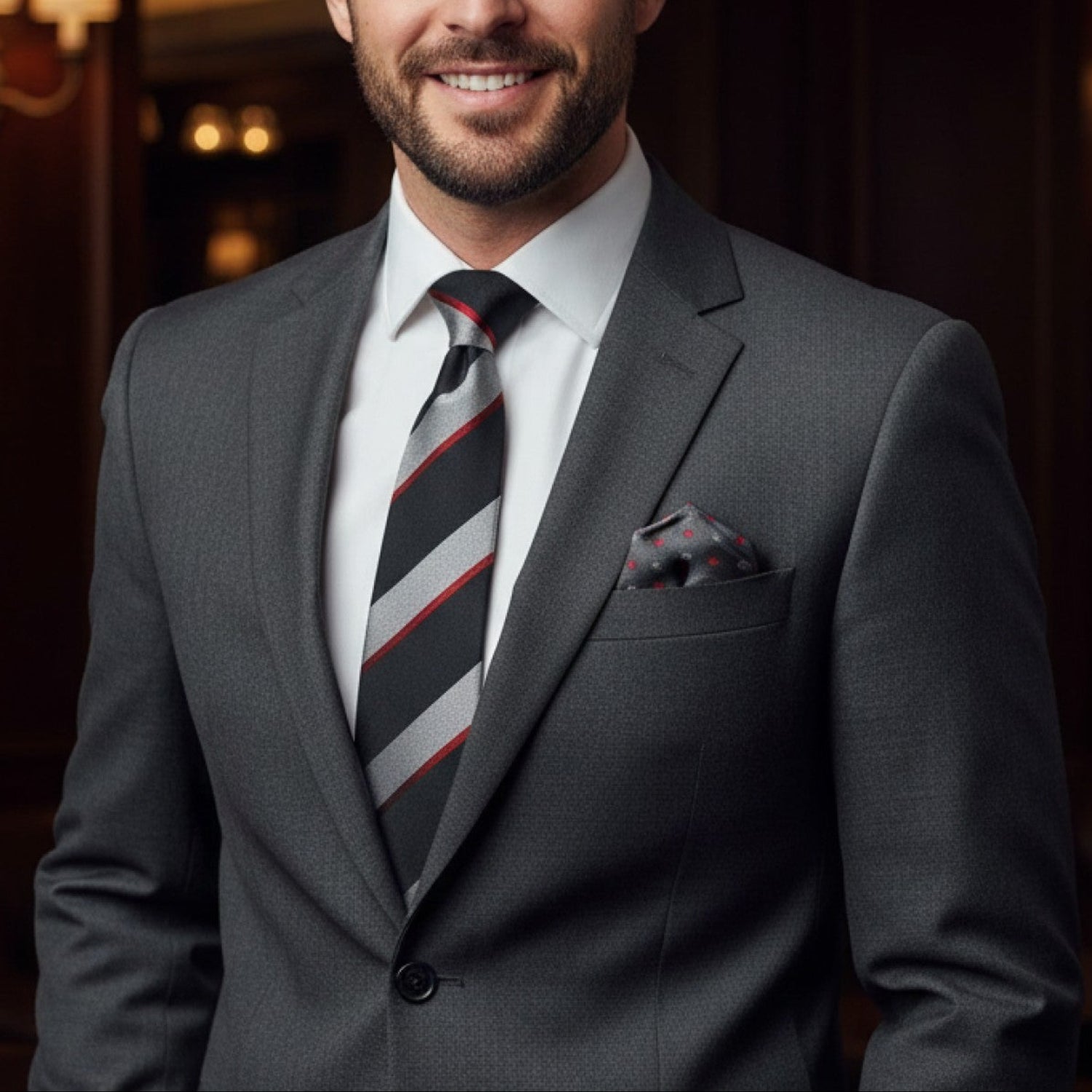 Man in a gray suit with a striped tie in an elegant room.
