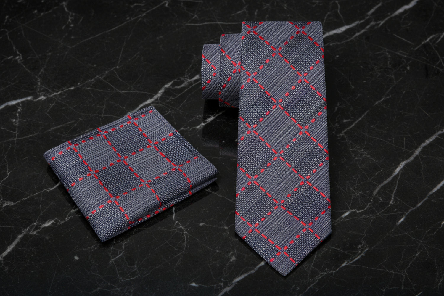 View 2: Grey Black Red Geometric Diamonds Tie and Pocket Square 