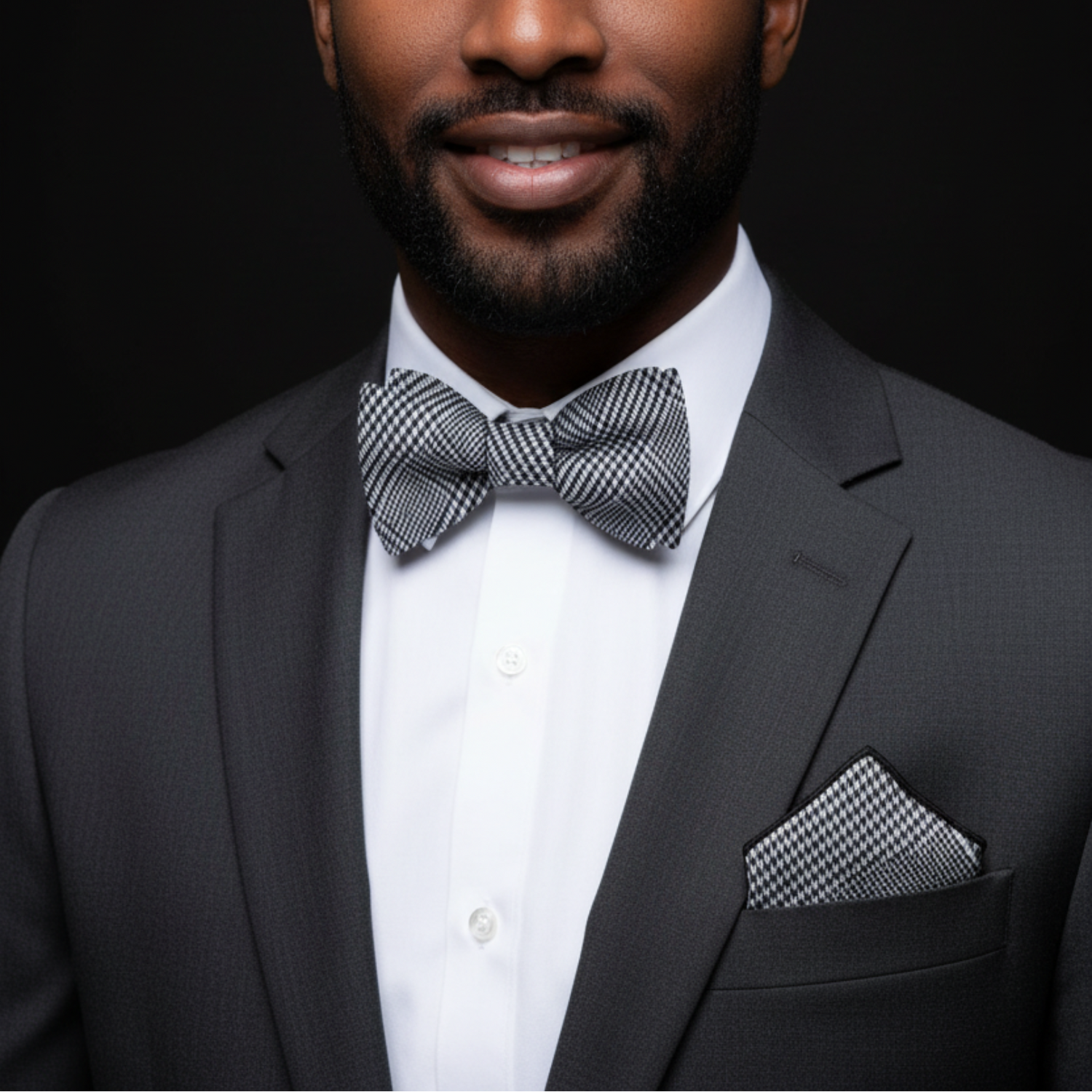 Man wearing a black suit with a checkered bow tie and pocket square on a dark background