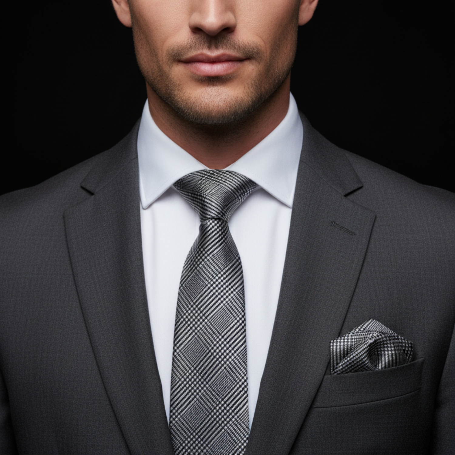 Man wearing a gray suit with a patterned tie and pocket square on a black background