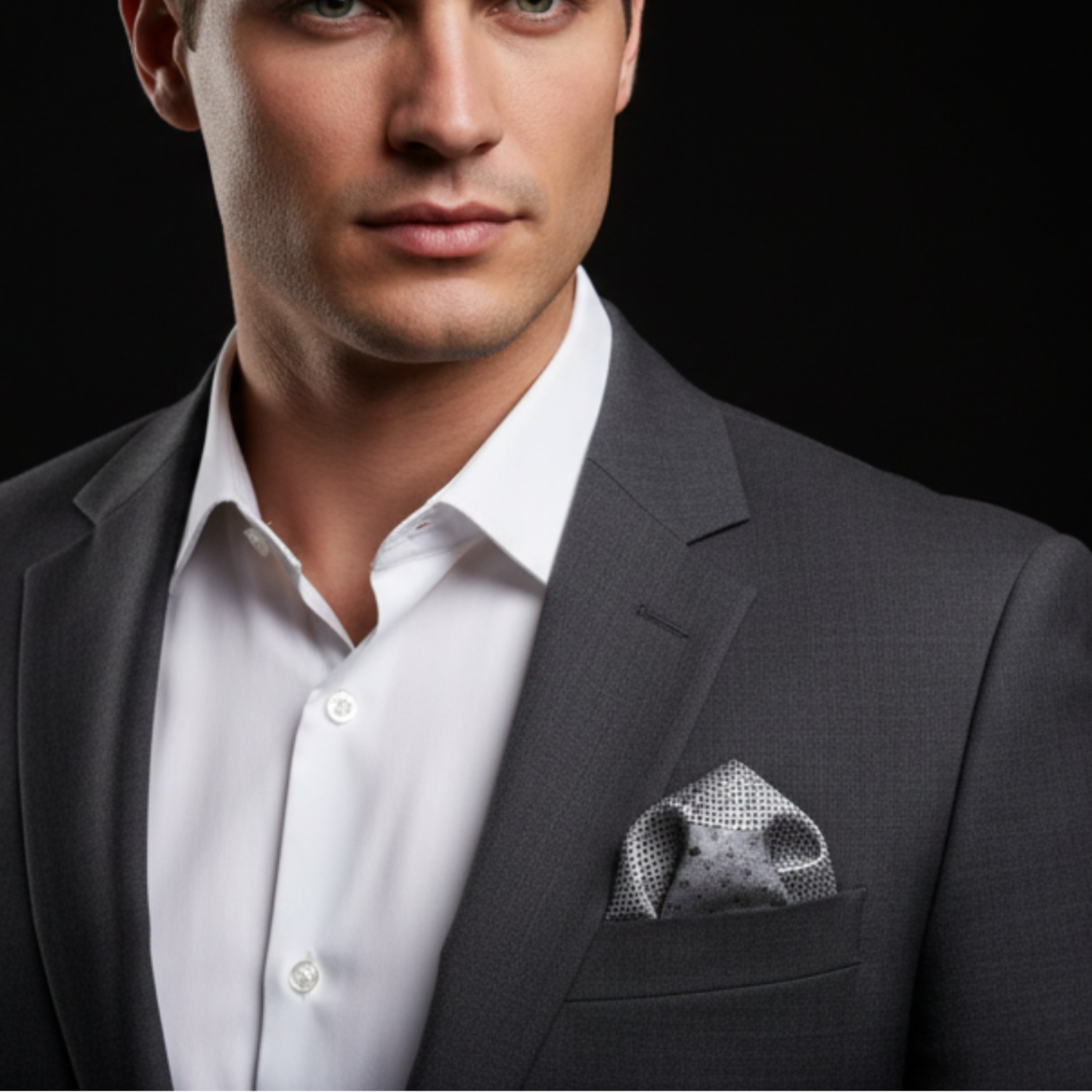 Man wearing a gray suit with a white shirt and patterned pocket square on a black background