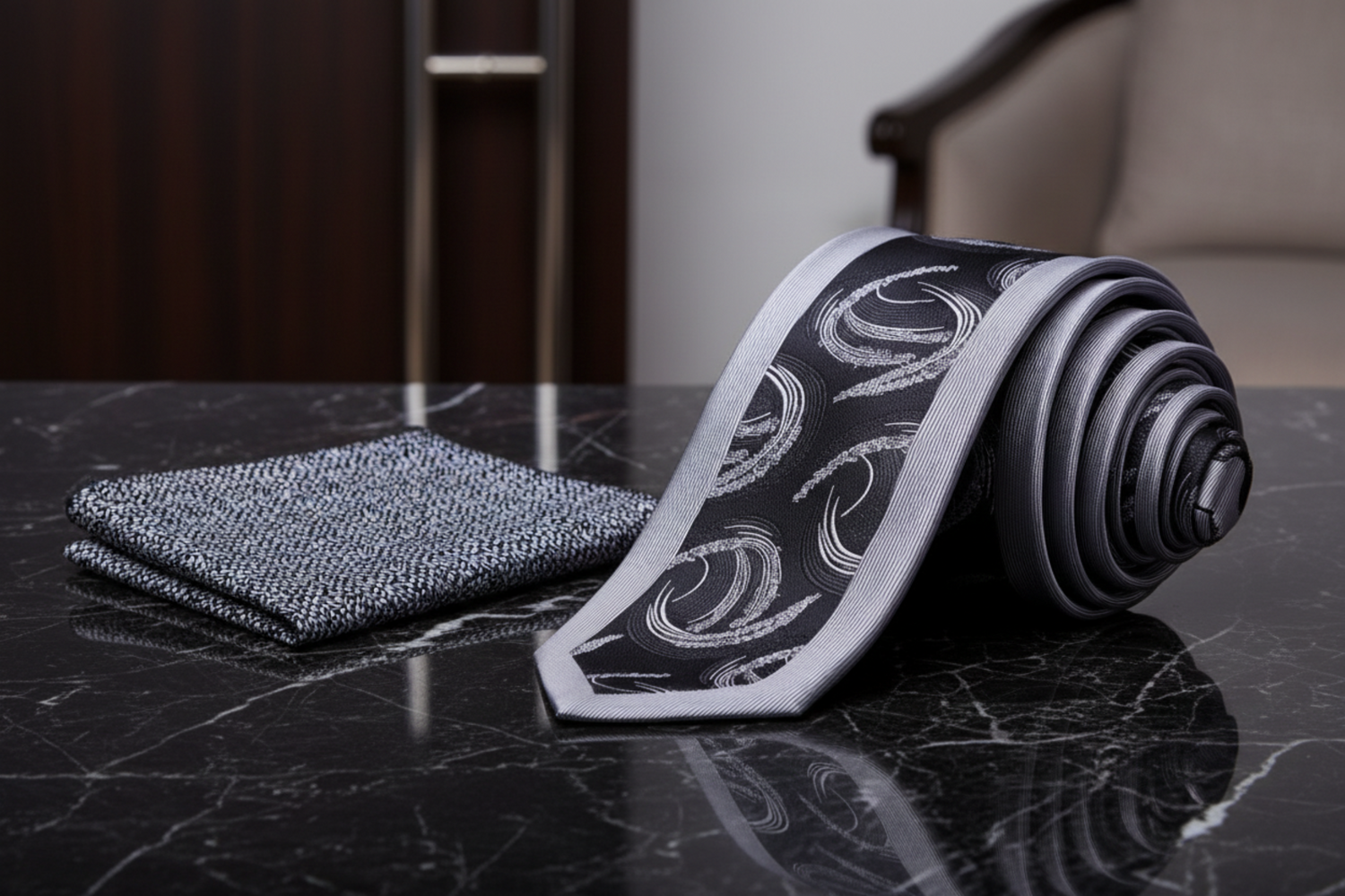 View 2: Grey, Black Swirl Necktie and Accenting Square