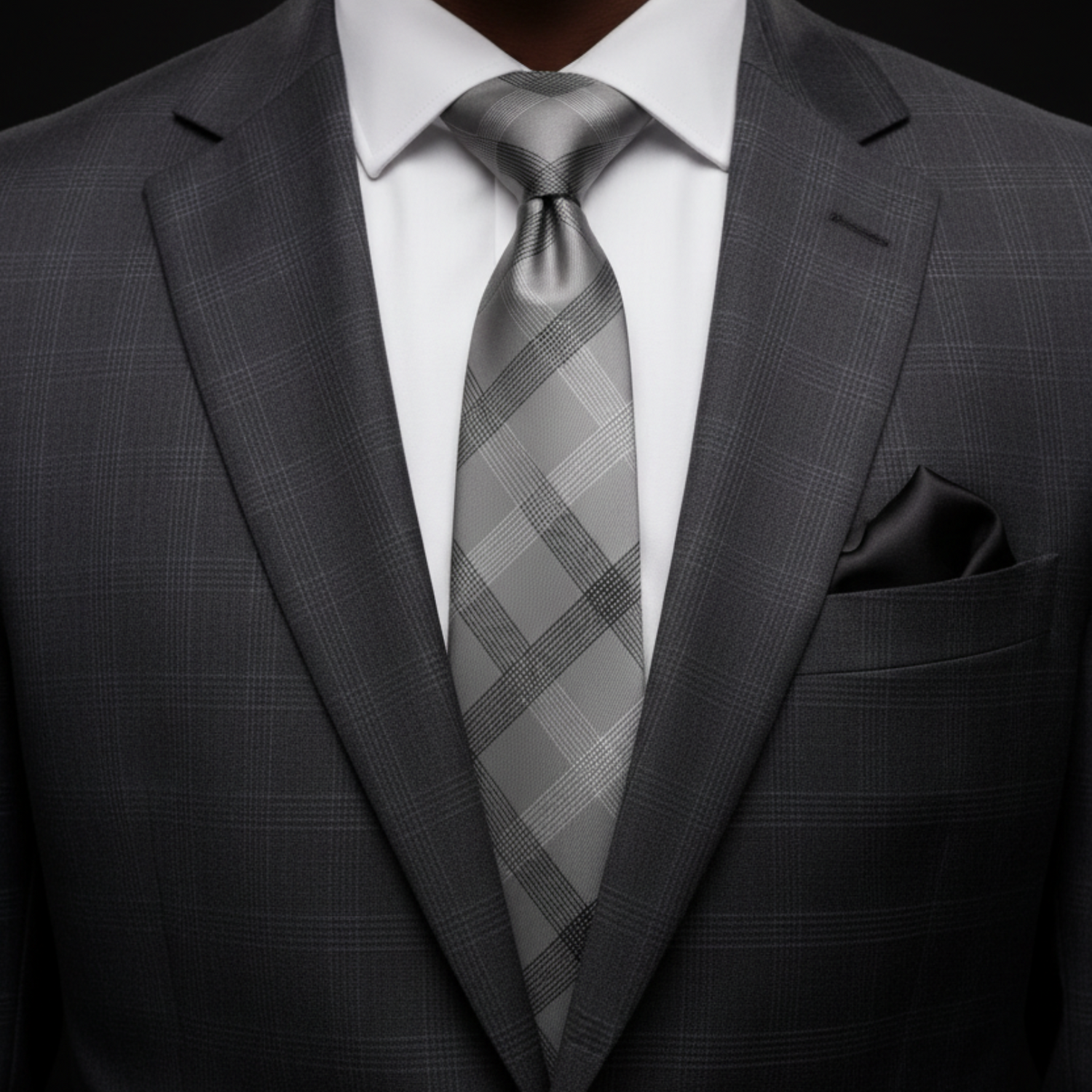 Gray suit with a plaid tie on a black background