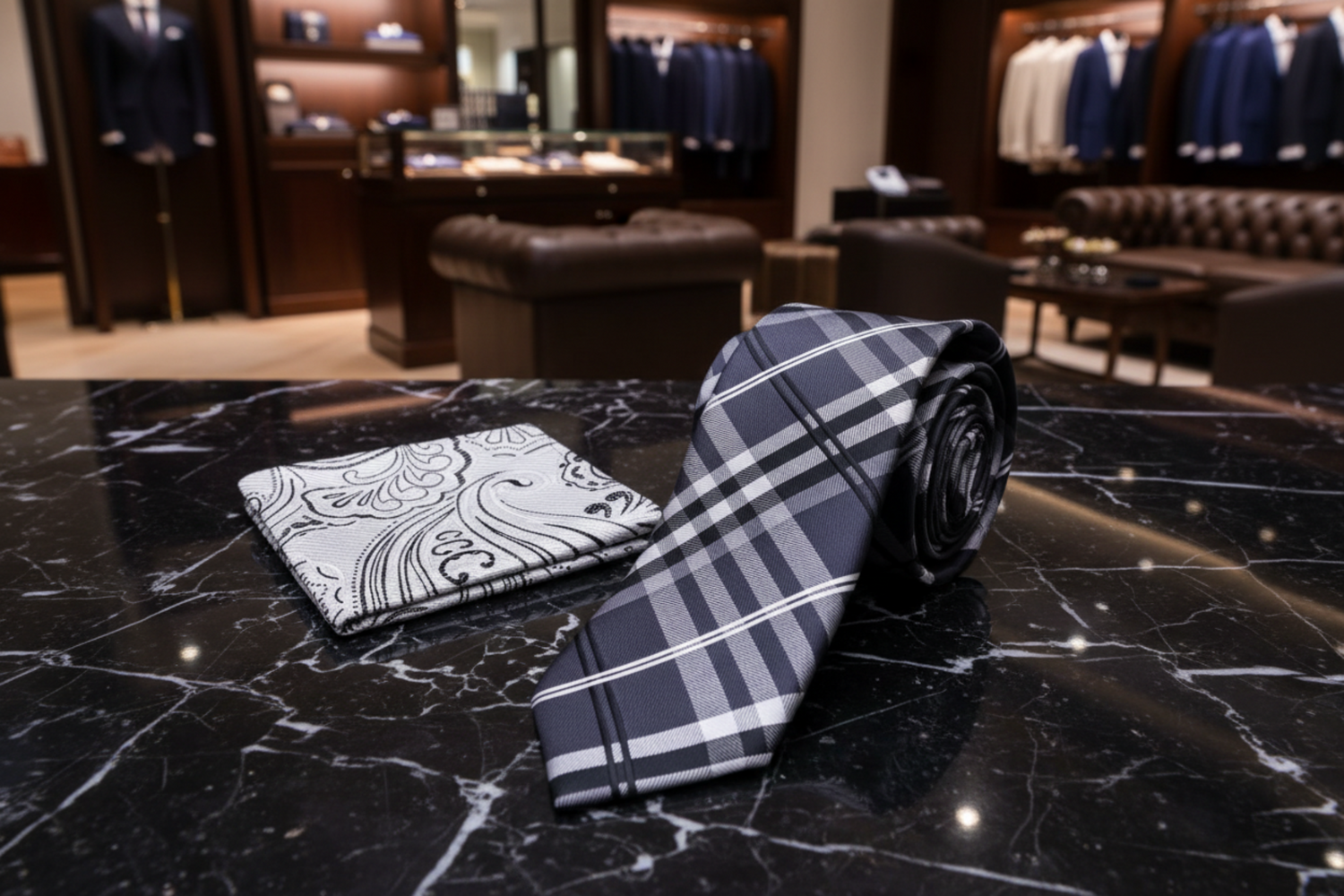 Alt Black, Grey, White Plaid Necktie and Accenting Paisley Square