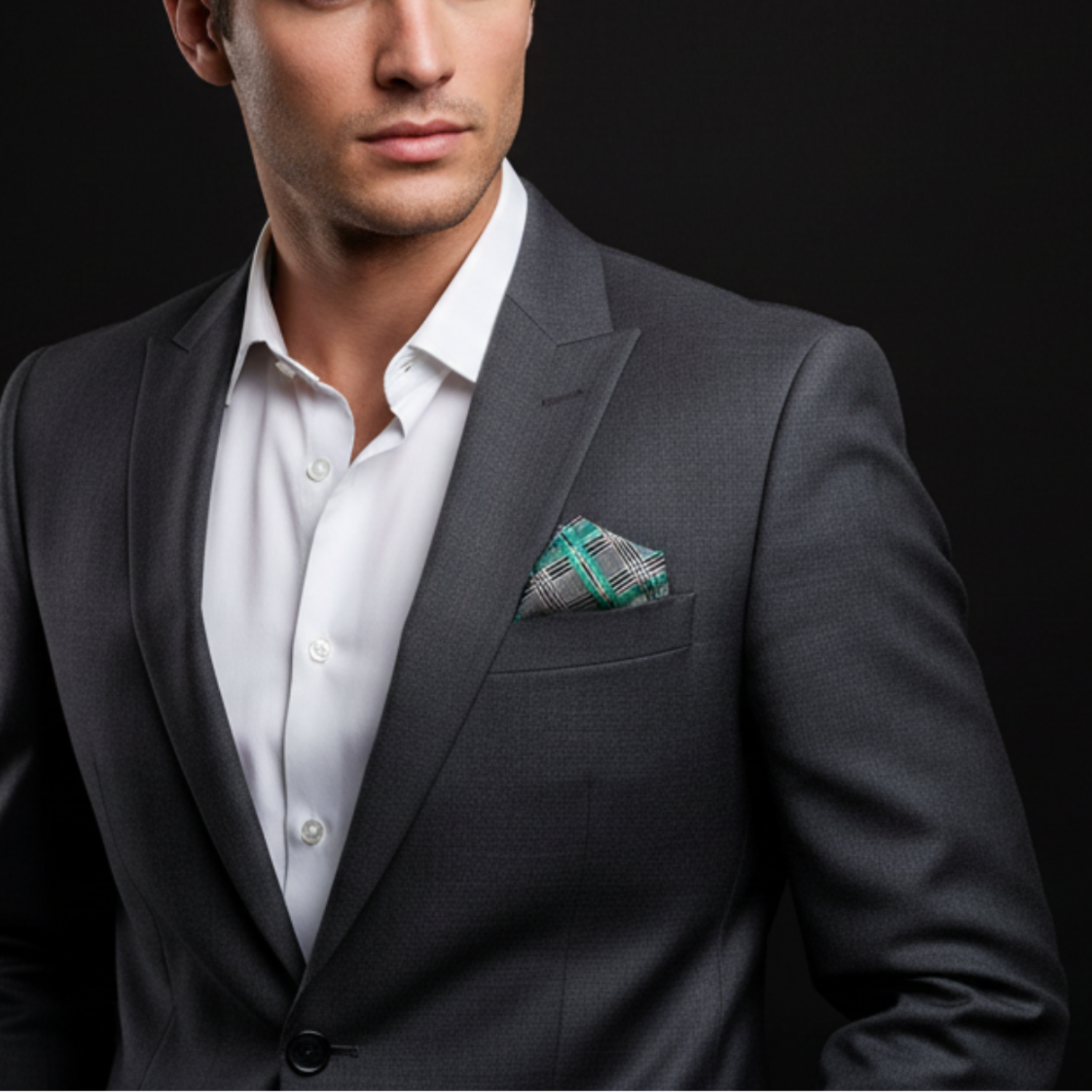 Man wearing a gray suit with a white shirt and patterned pocket square on a black background