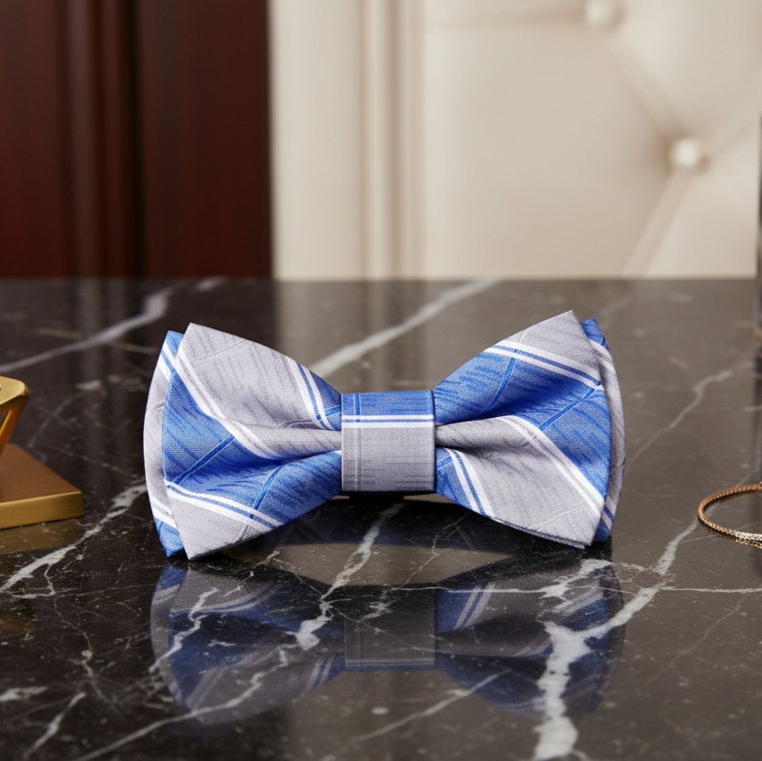 Grey and Blue Bow Tie Pre Tied