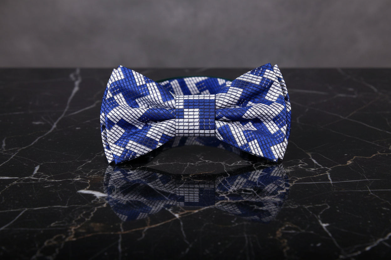 Blue Grey Houndstooth Bow Tie Pre Tied