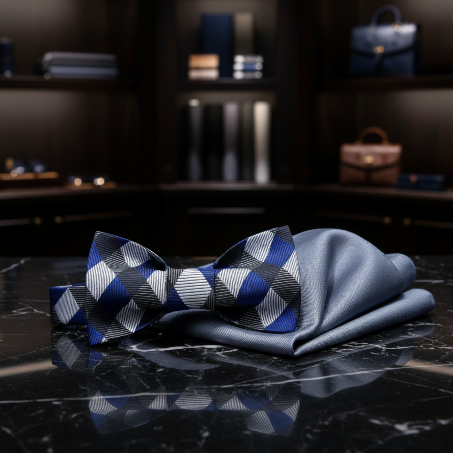 Grey Blue plaid bow tie and grey square