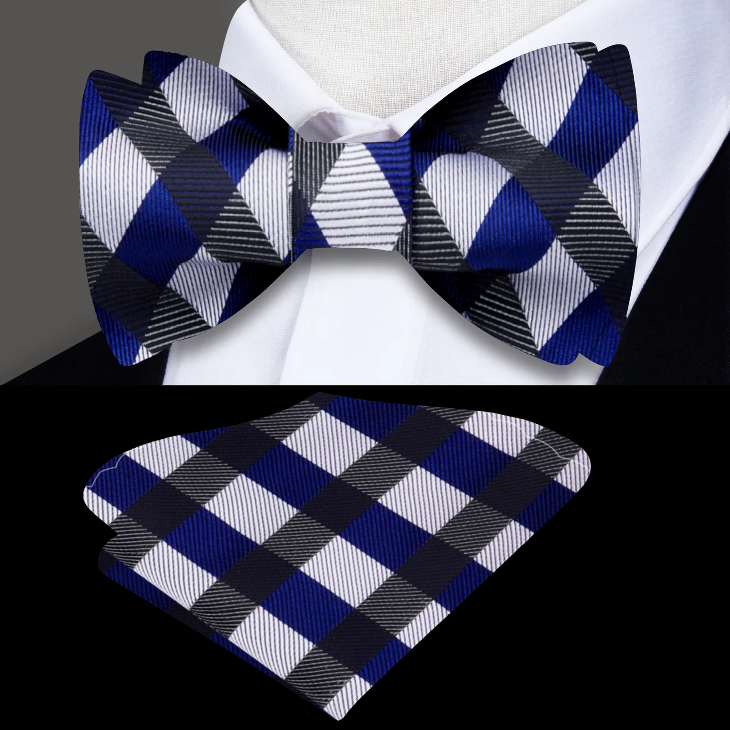 Main: A Grey, Blue Geometric Pattern Bow Tie, Matching Pocket Square