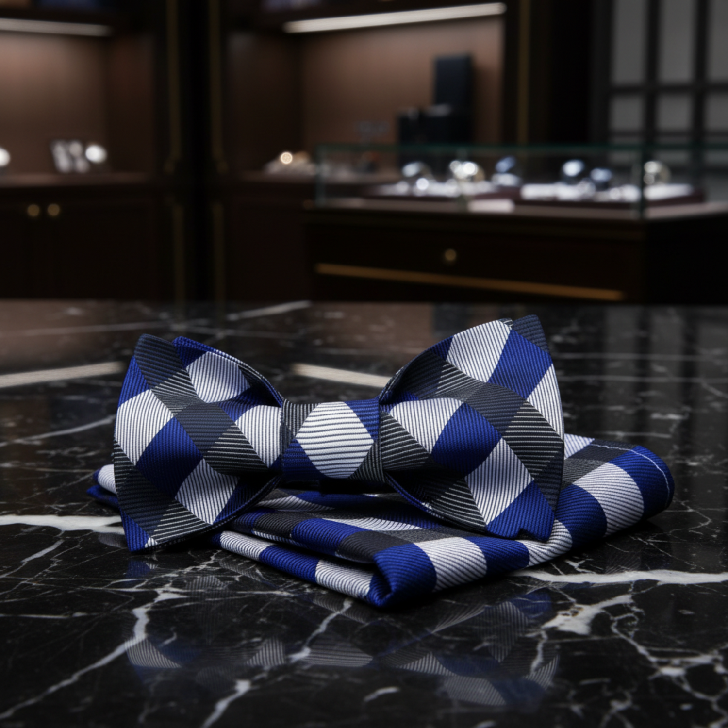 Grey Blue plaid bow tie and square