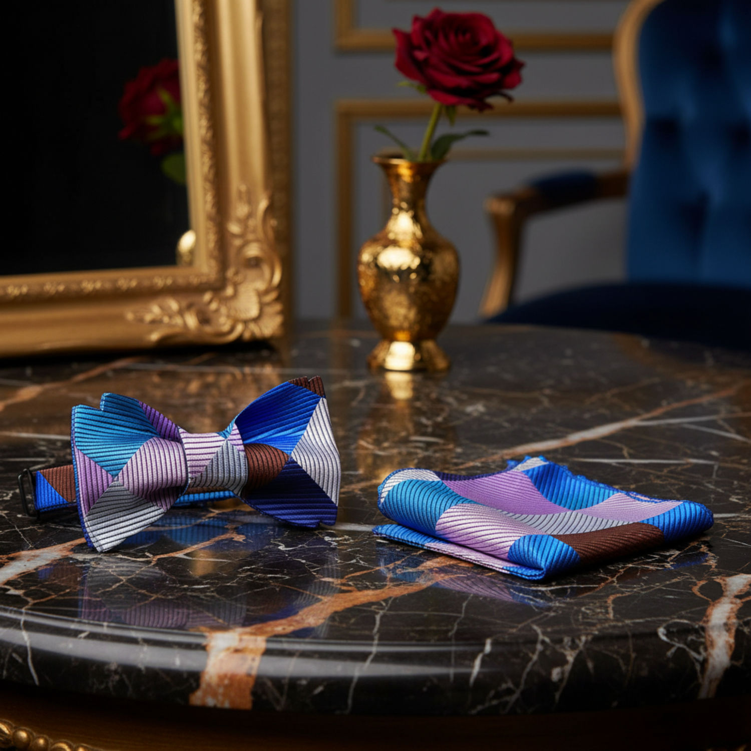 Blue, Brown Geometric Bow tie and matching Square