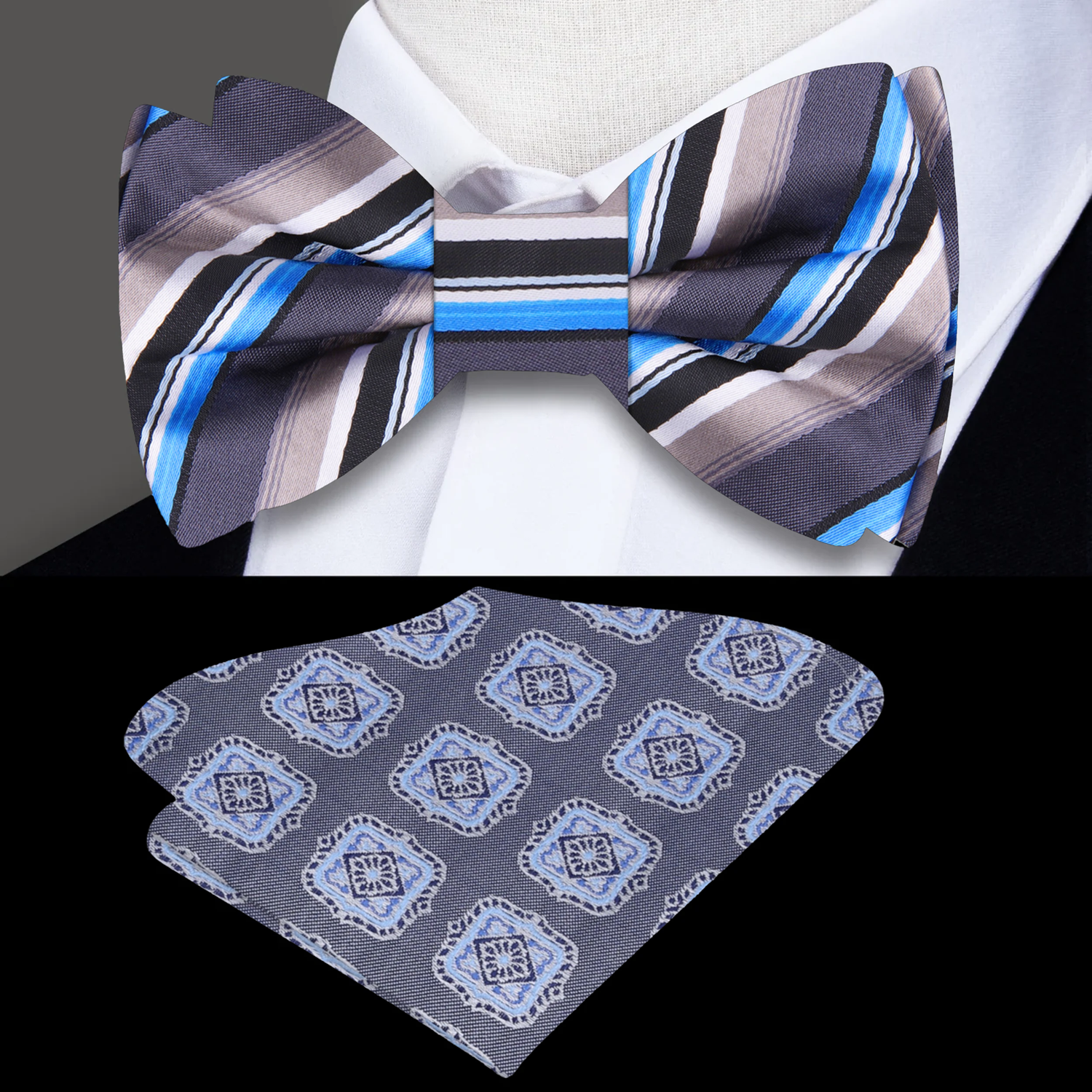 Grey, Blue Stripe Bow Tie and Accenting Square