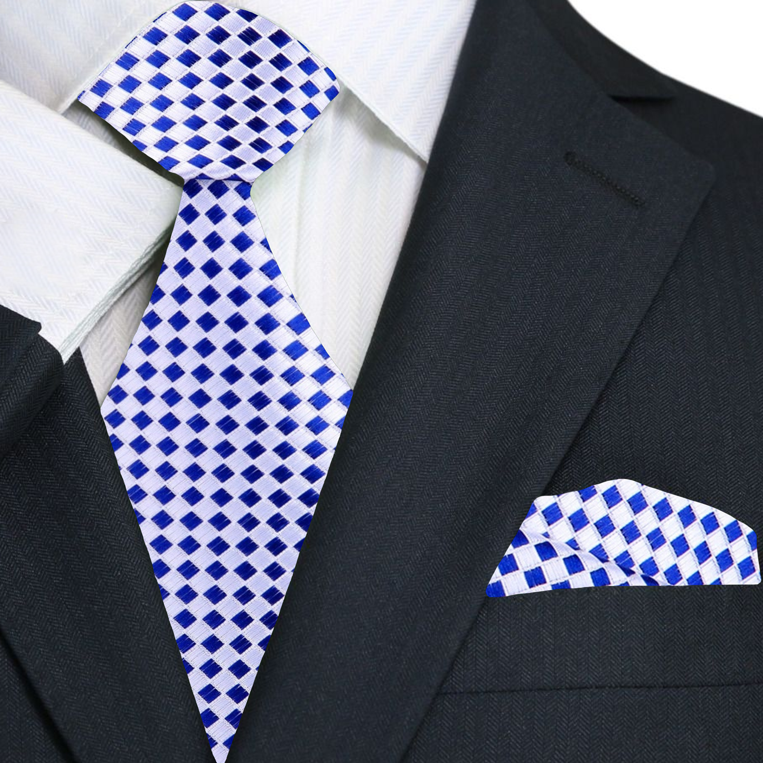 Premium A Light Grey, Blue Check Pattern Silk Necktie, Matching Pocket Square
