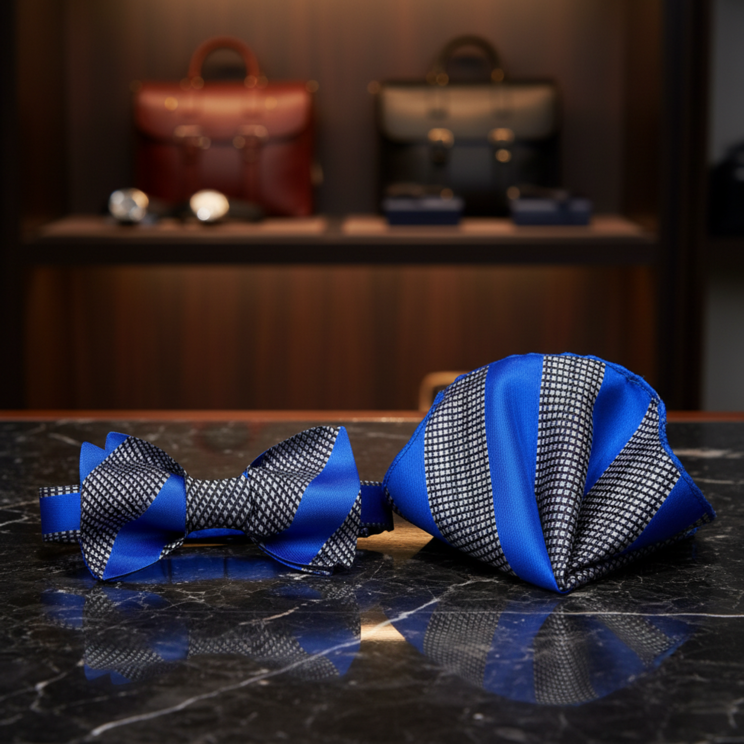 A Blue, Grey Stripe Pattern Bow Tie, Matching Pocket Square||Grey, Blue