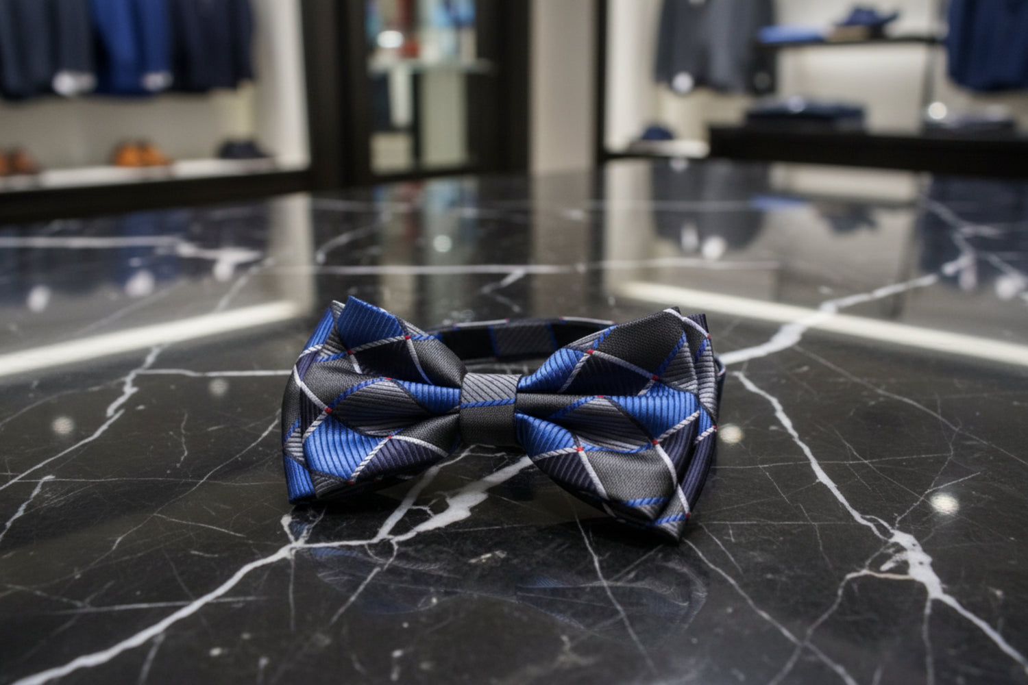 Blue Grey Geometric bow Tie Pre Tied 
