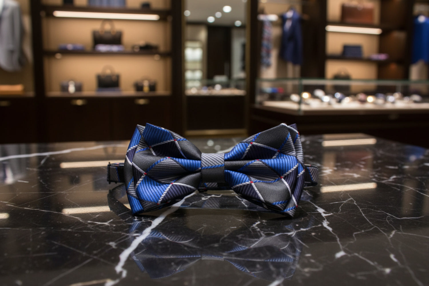Blue and black patterned bow tie 