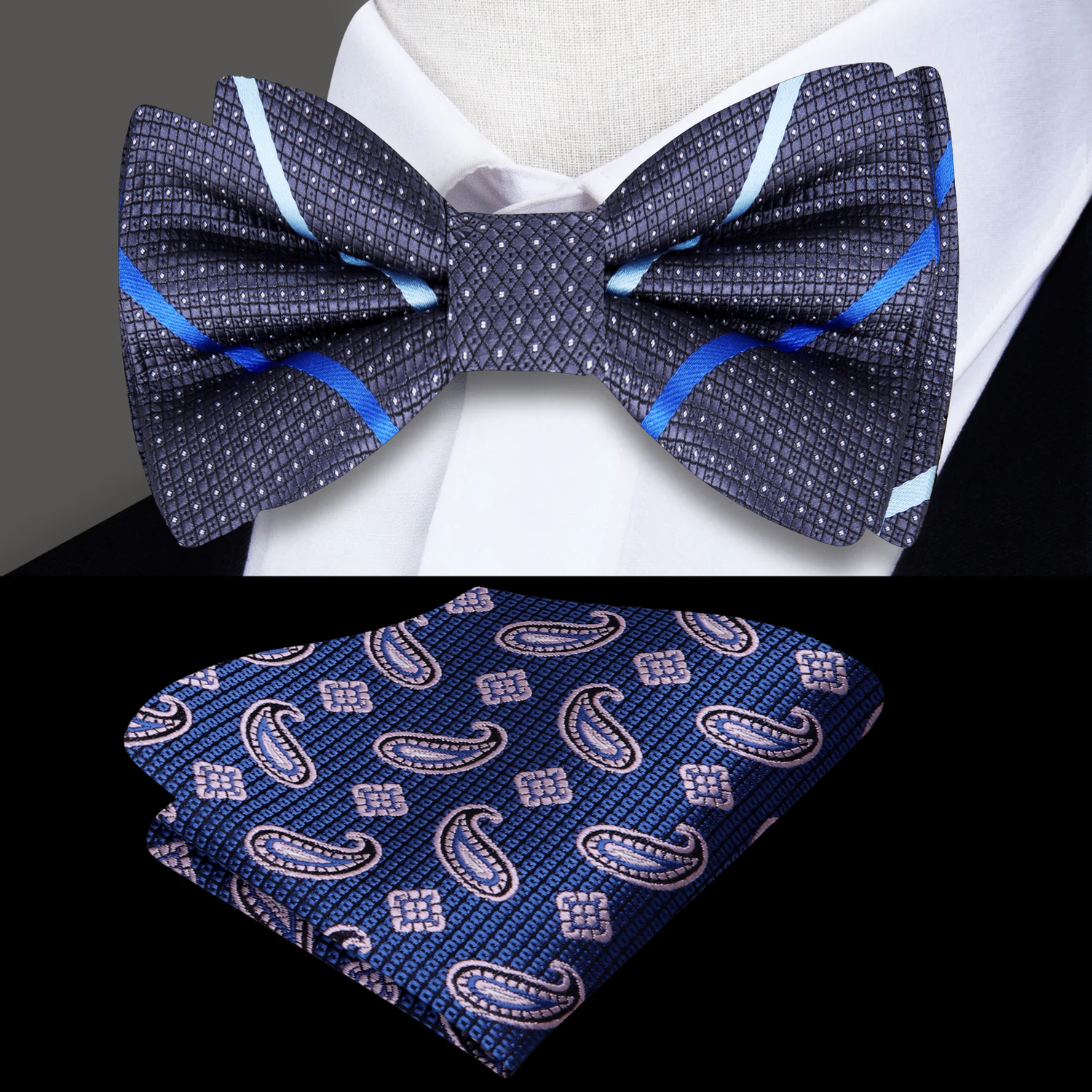 A Grey, Light Blue, Blue Stripe Pattern Silk Self Tie Bow Tie, Accenting Pocket Square 