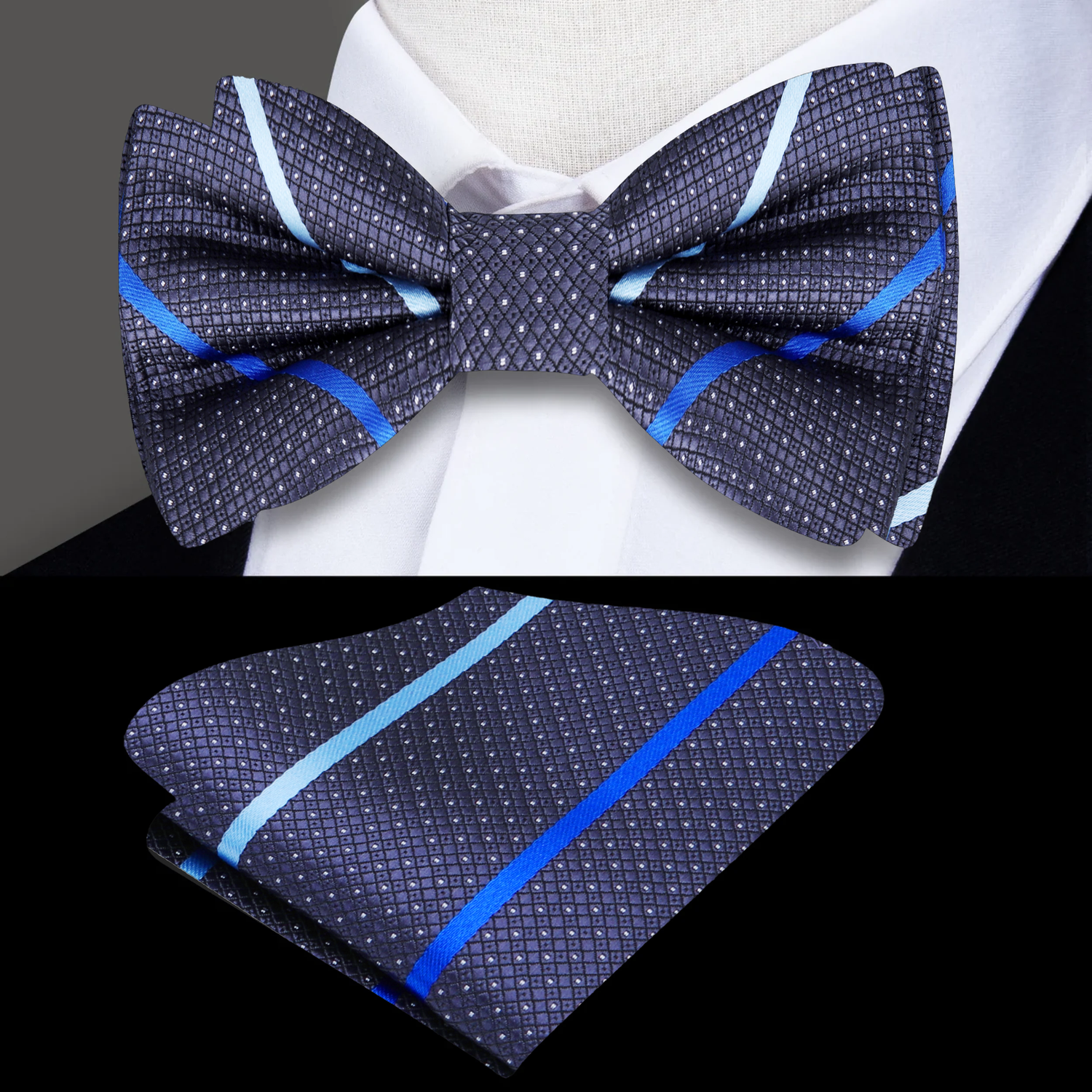 Grey Blue Guardian Stripe Bow Tie and Square