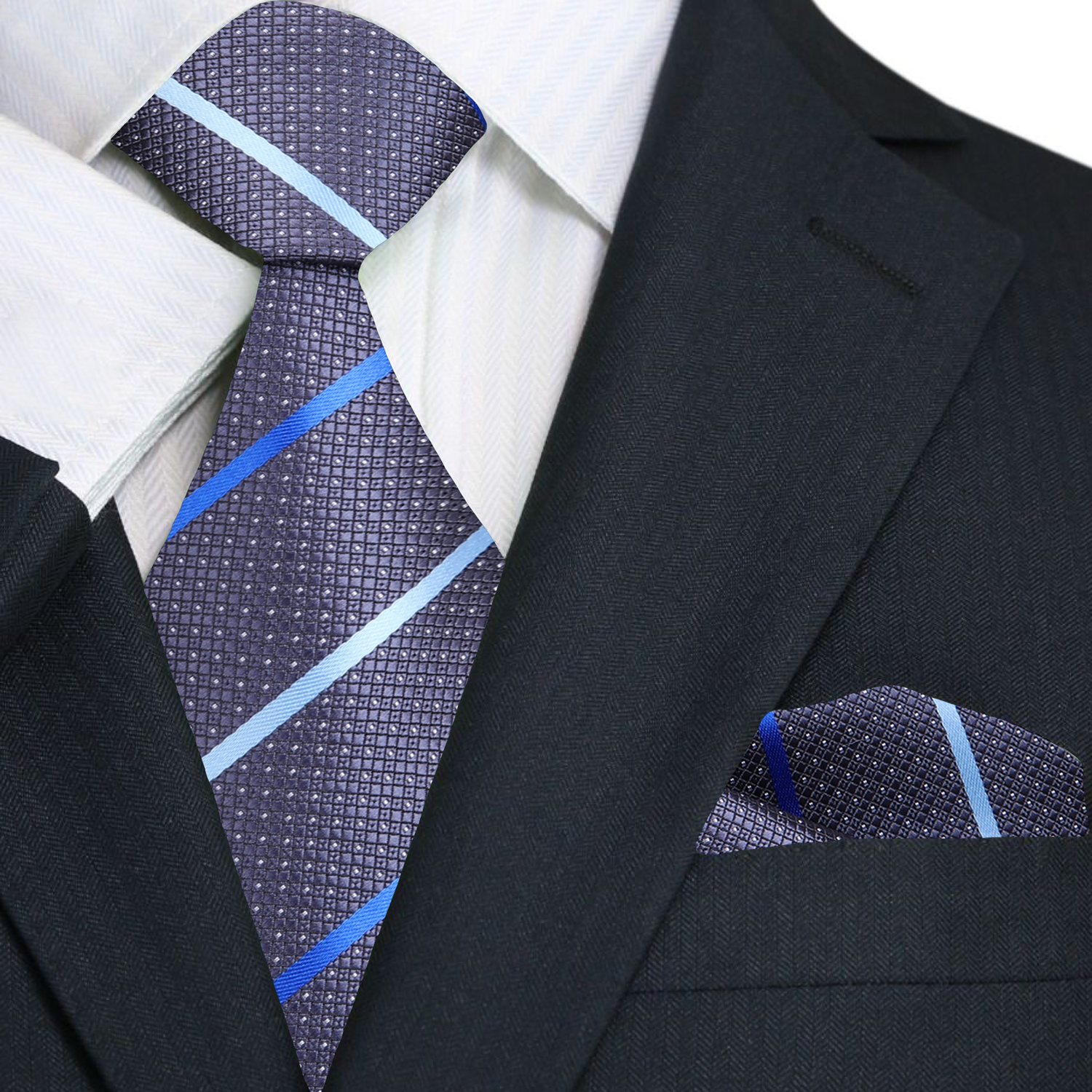 Main: Grey, Blue Stripe Tie and Square||Grey, Dark Blue, Light Blue
