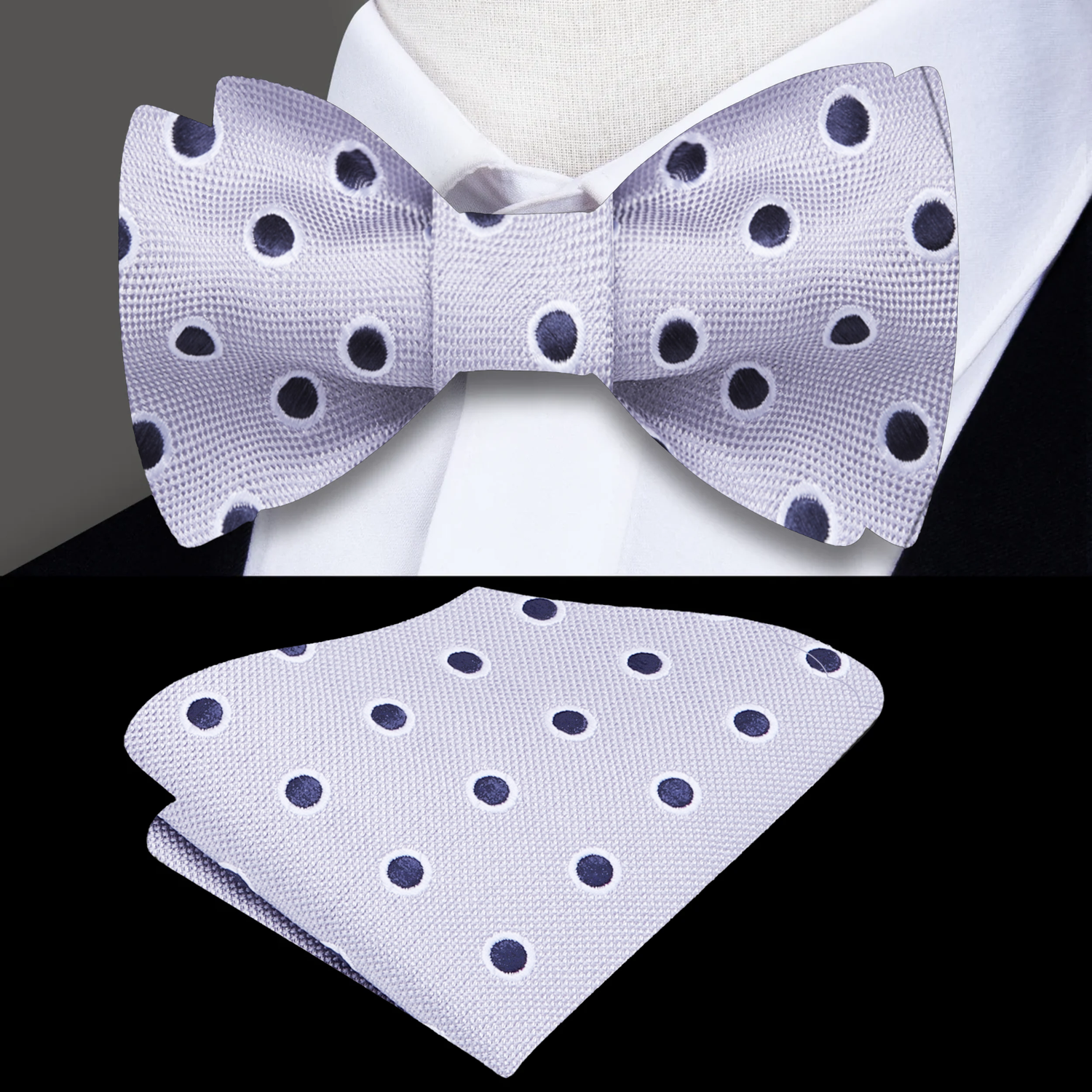 Grey Blue Polka Bow Tie and Pocket Square
