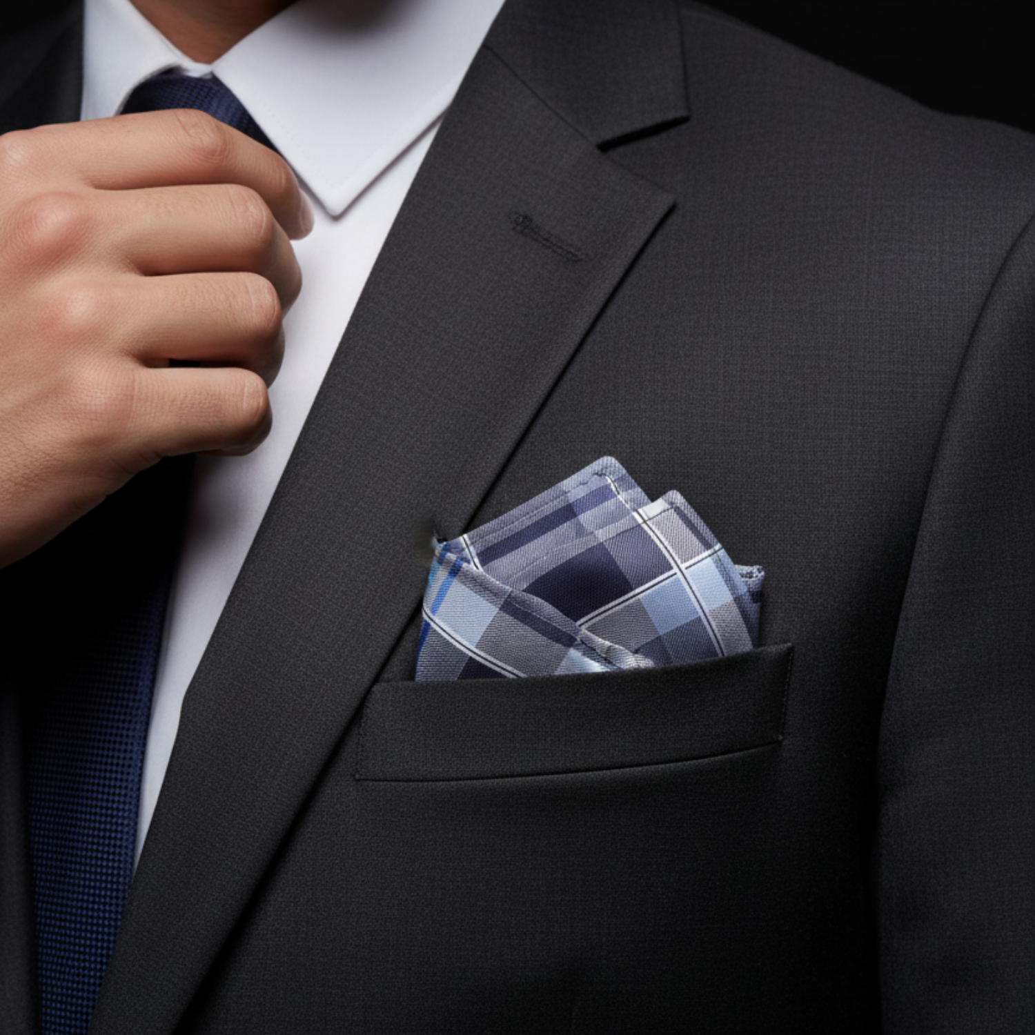 Man adjusting his tie with a plaid pocket square in a dark suit jacket.