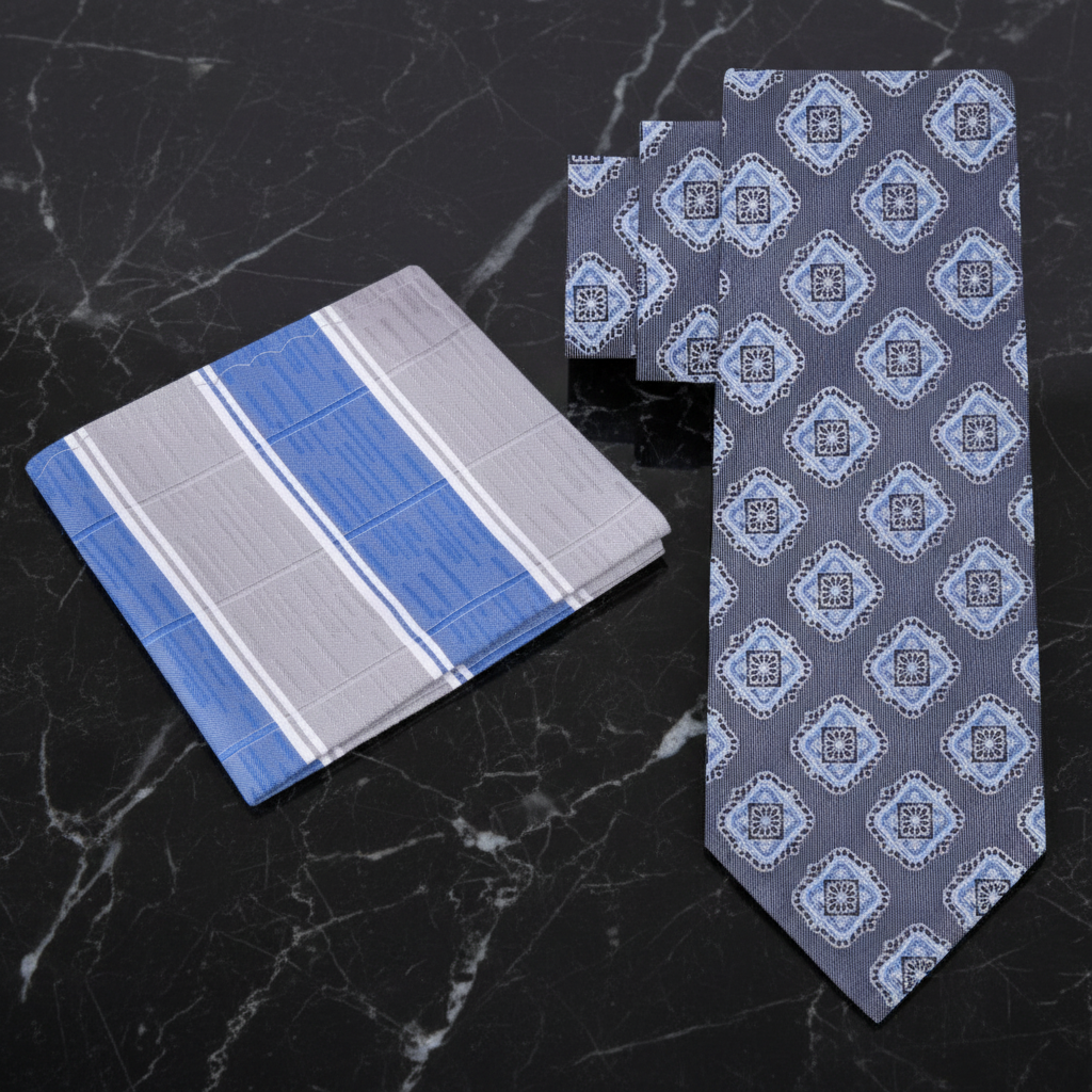 Alt Medallion Grey and Blue Necktie and Accenting Square