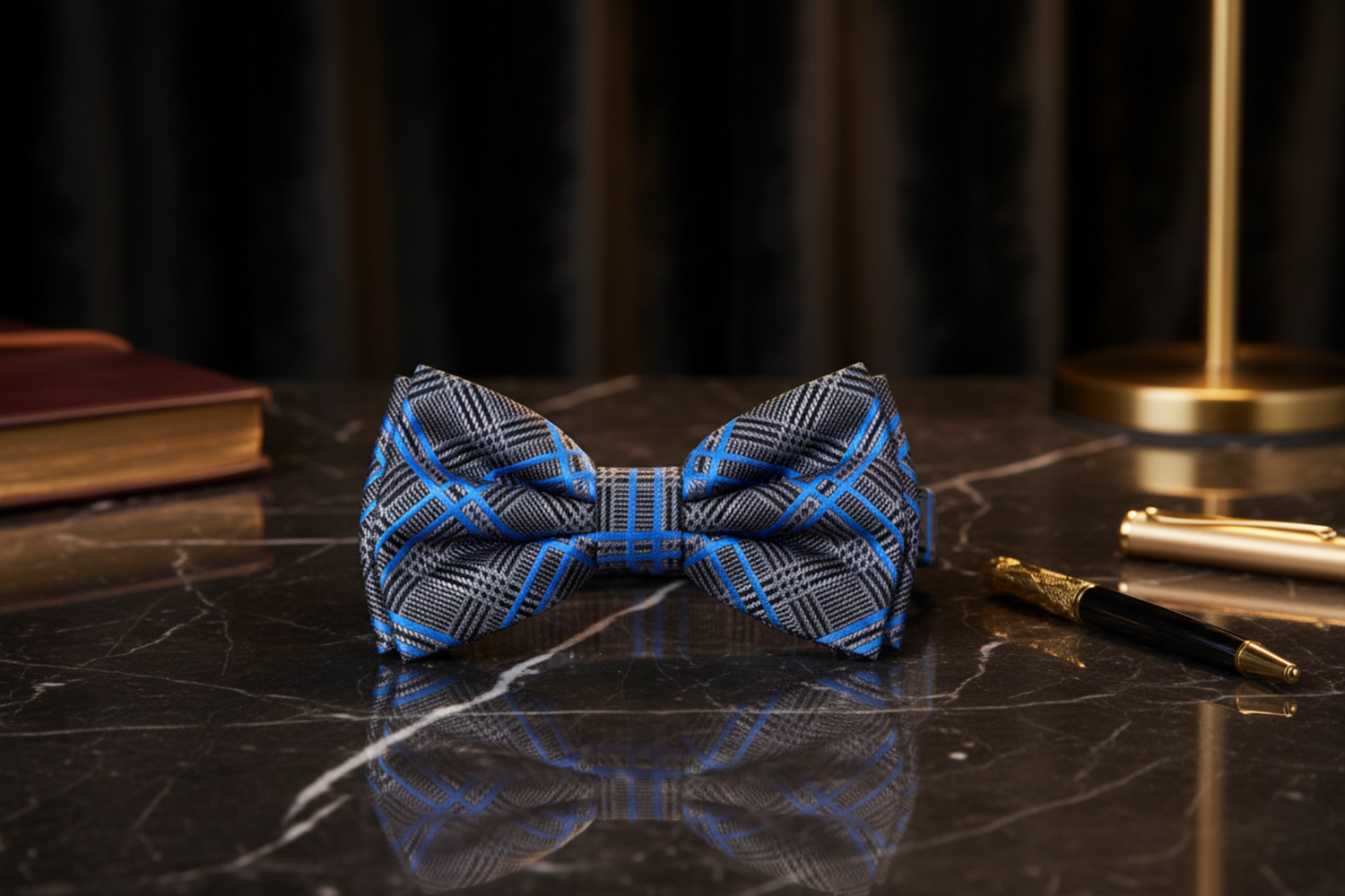 Grey, Blue Plaid Pre Tied Bow Tie