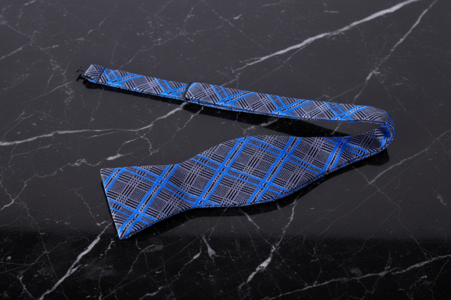 Grey, Blue Plaid Self Tie Bow Tie