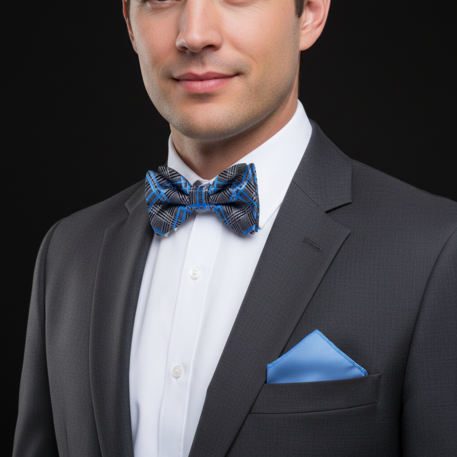 Man wearing a gray suit with a blue bow tie and pocket square on a black background