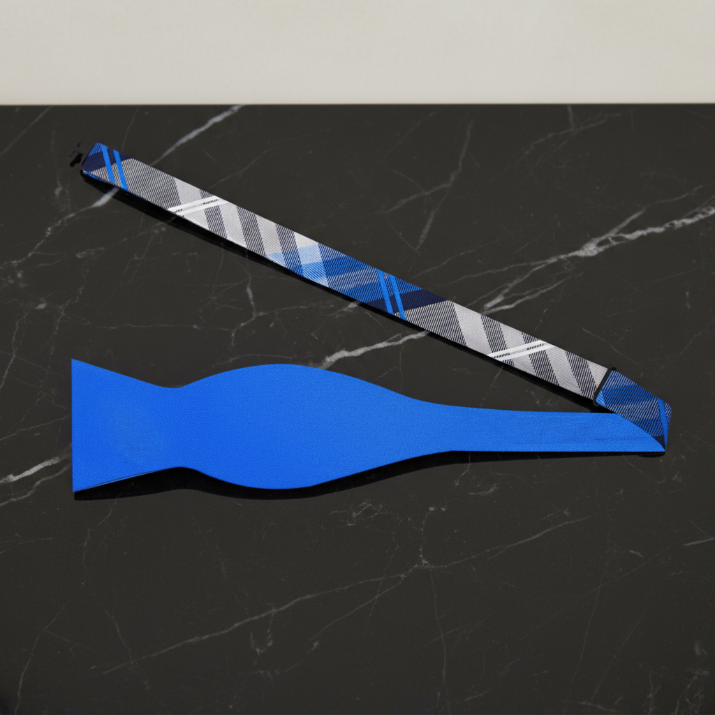 Grey Blue Plaid and Solid Blue Double Sided Bow Tie Self Tie