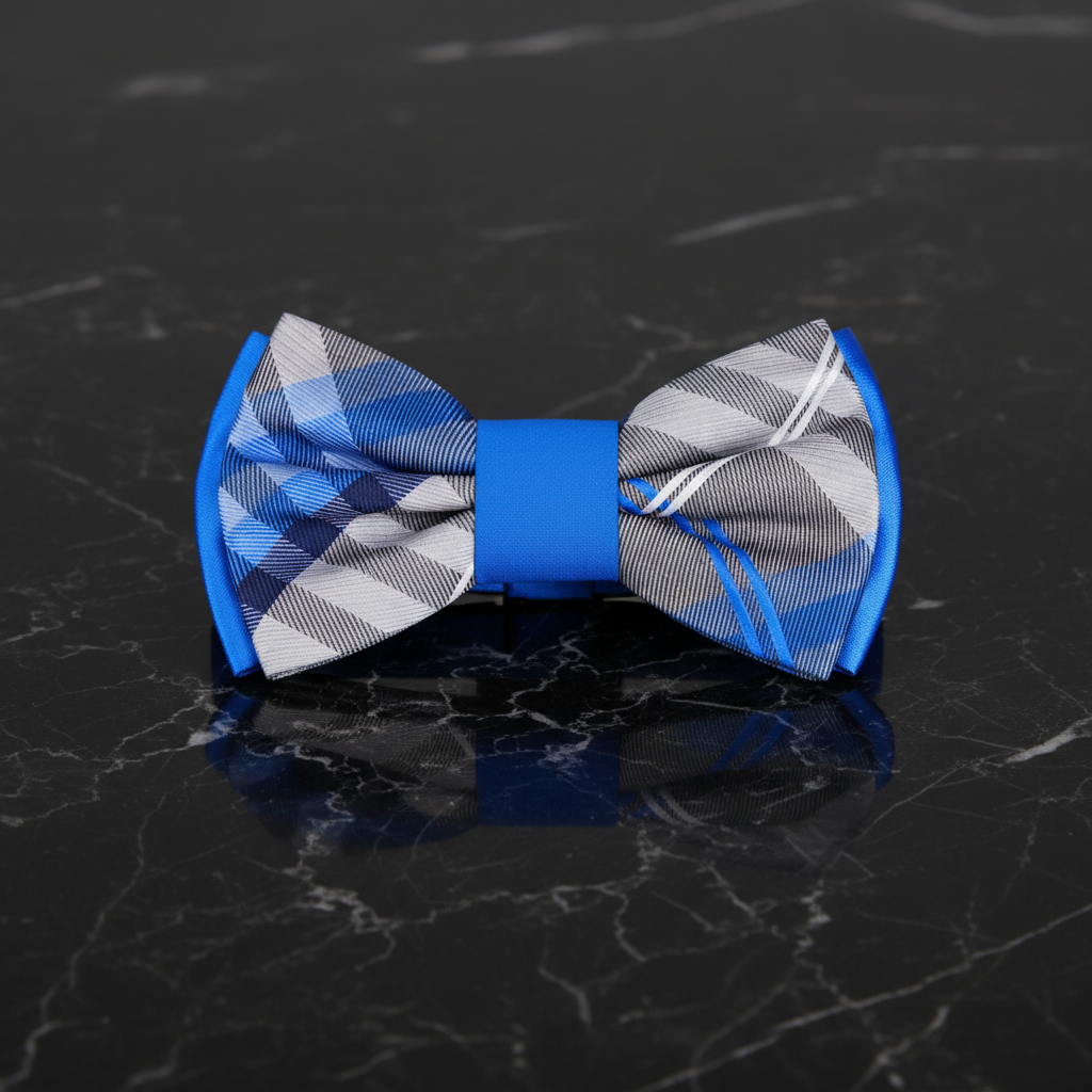 Grey Blue Plaid and Solid Blue Double Sided Bow Tie Pre