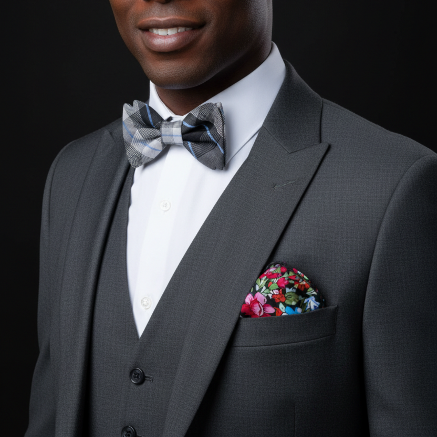Grey Plaid Bow Tie and Floral Pocket Square
