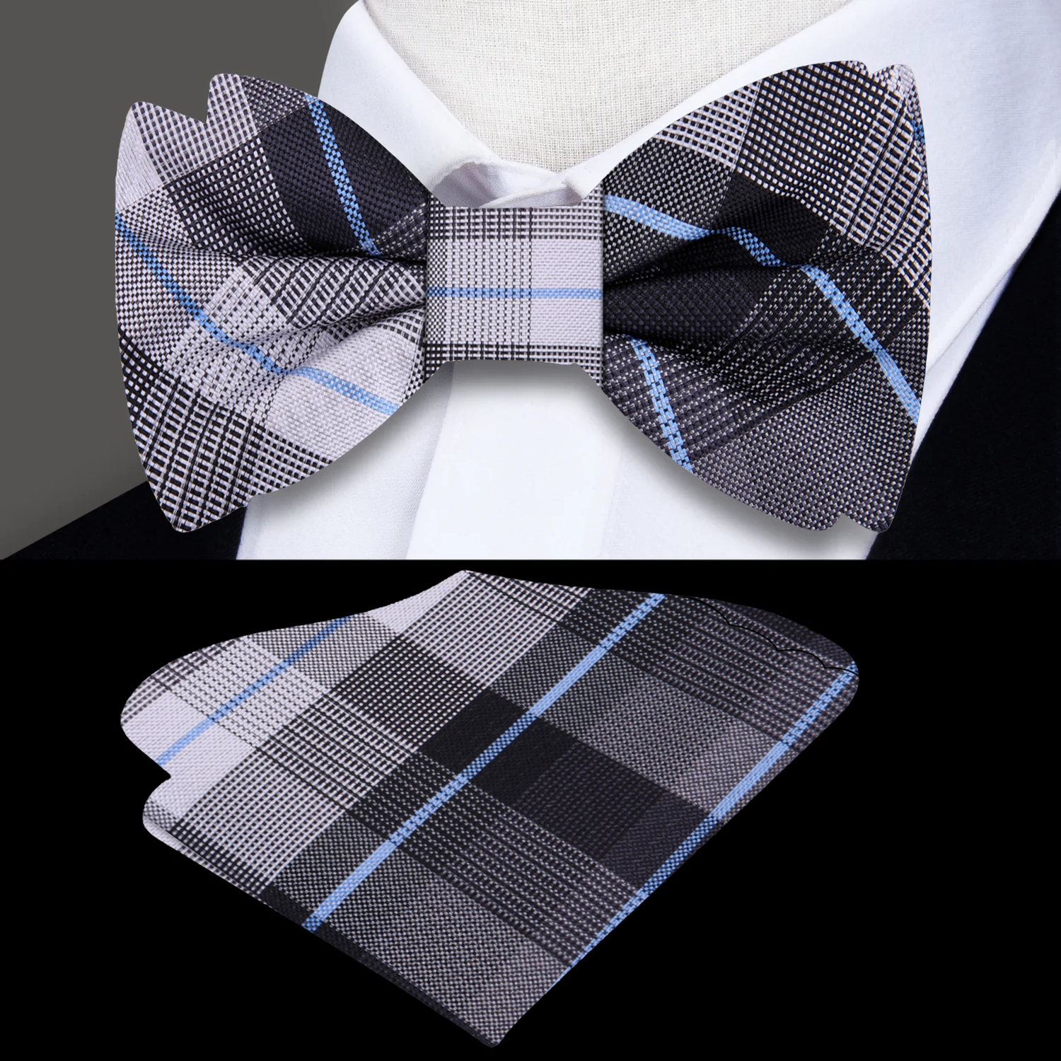 Grey Plaid Bow Tie and Pocket Square