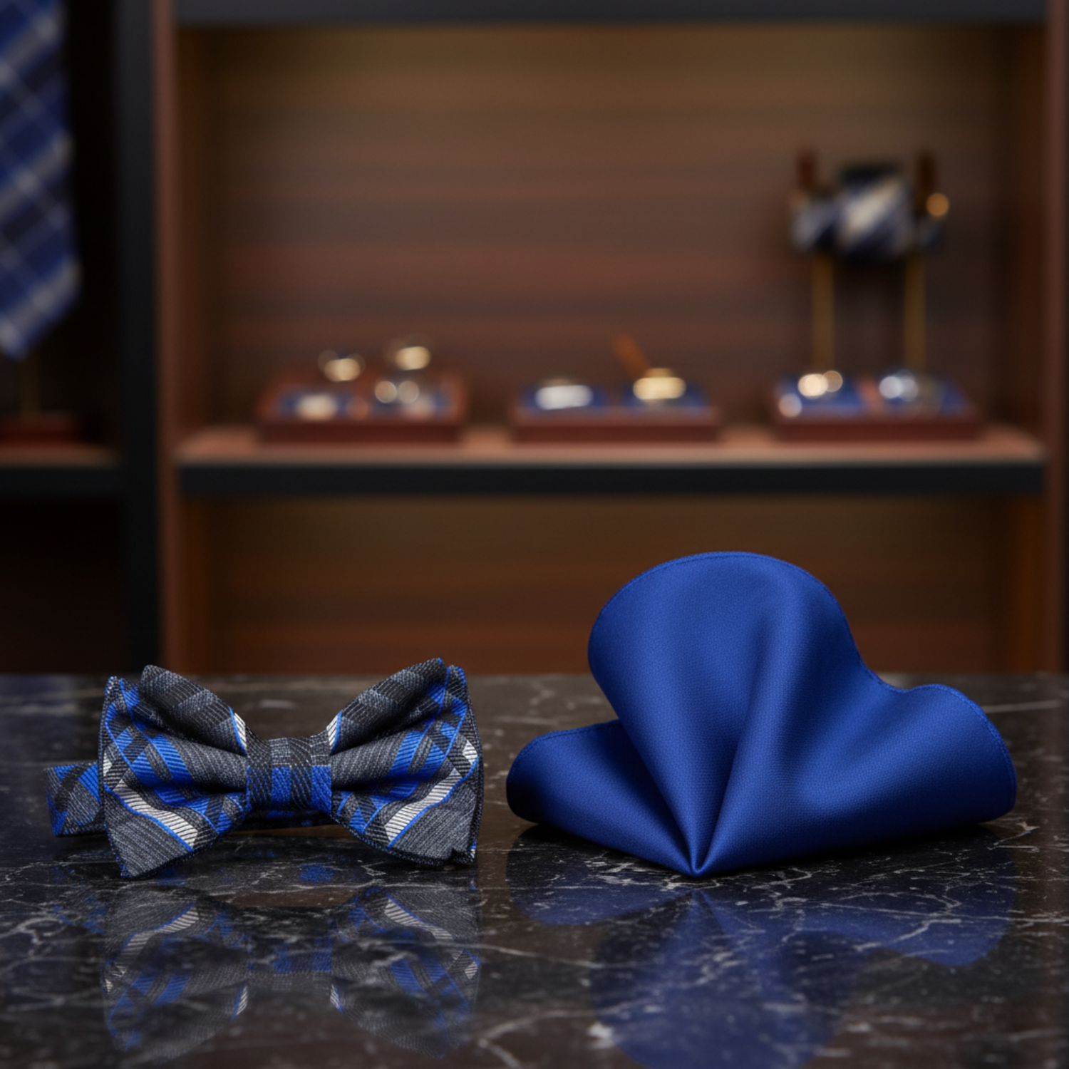 A set consisting of a dark blue with dark pink or grey with blue plaid bow tie and a blue pocket square.