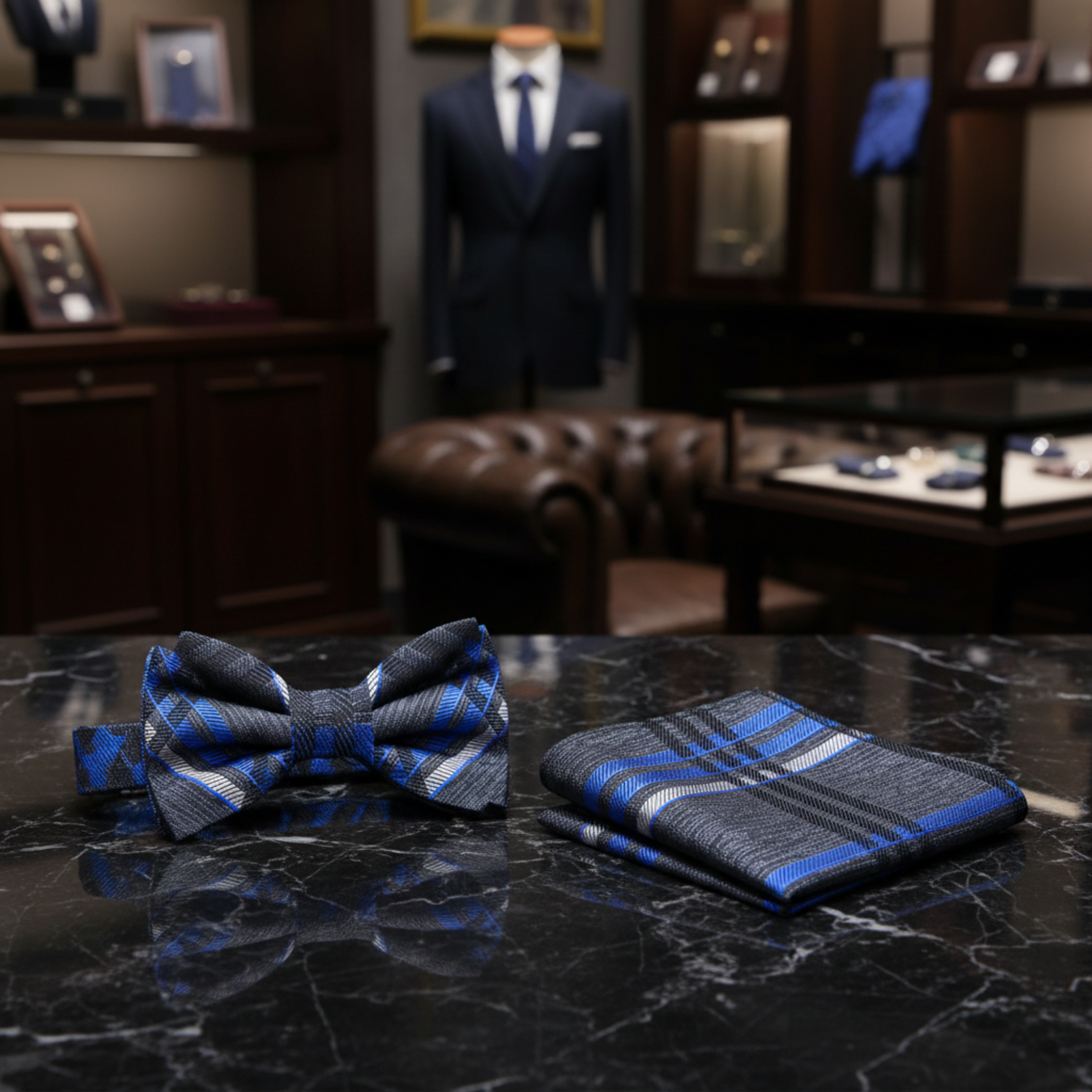 A set consisting of a dark blue with dark pink or grey with blue plaid bow tie and a matching pocket square.