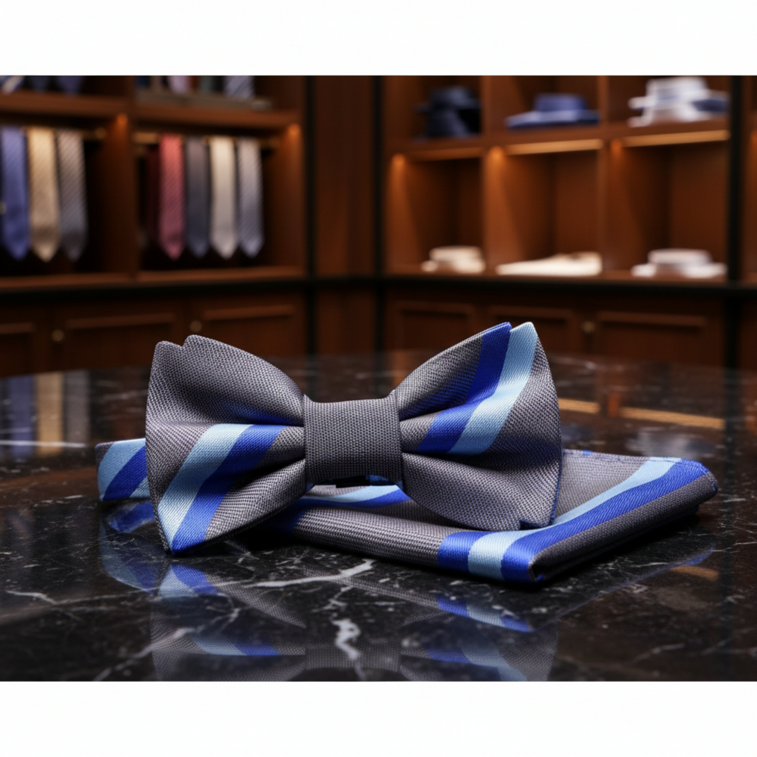 Grey White Stripe Bow Tie and Pocket Square