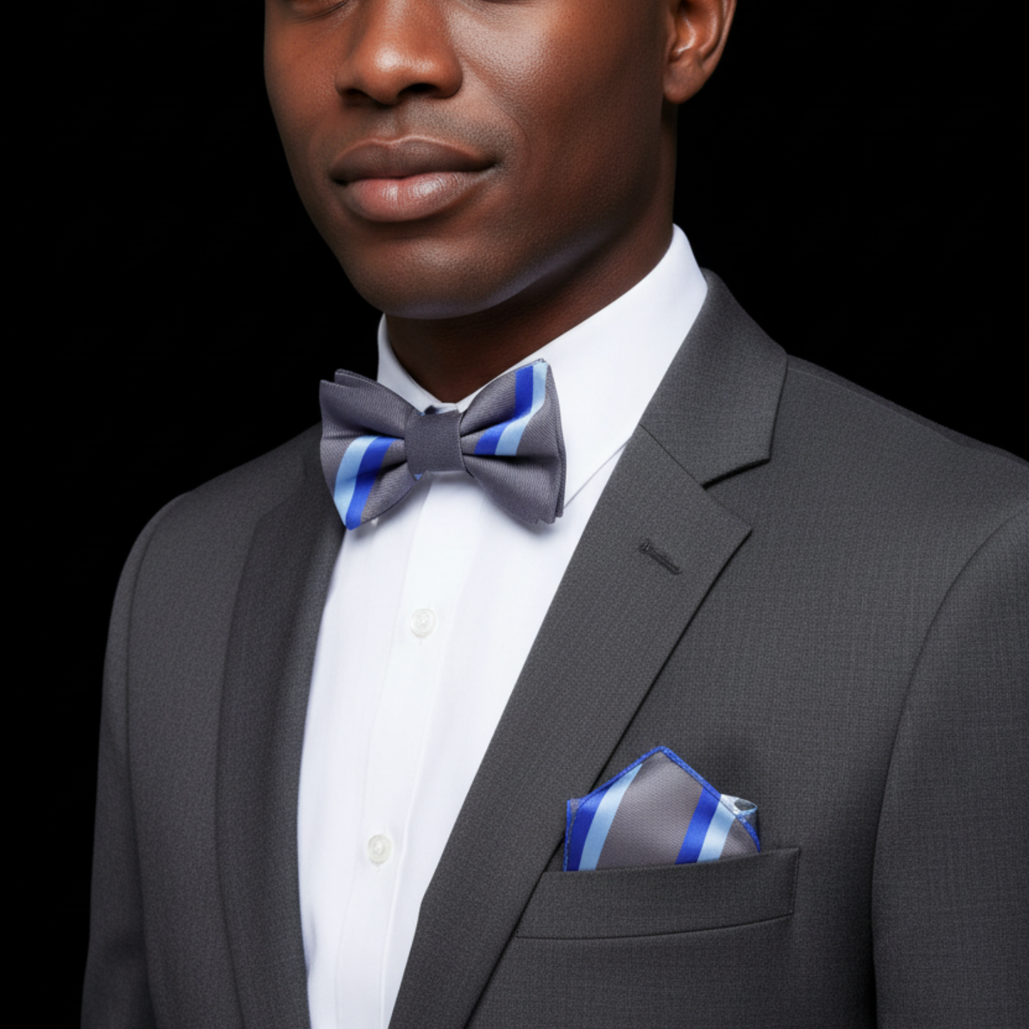 Grey, Blue Stripe Bow Tie and Square on Man