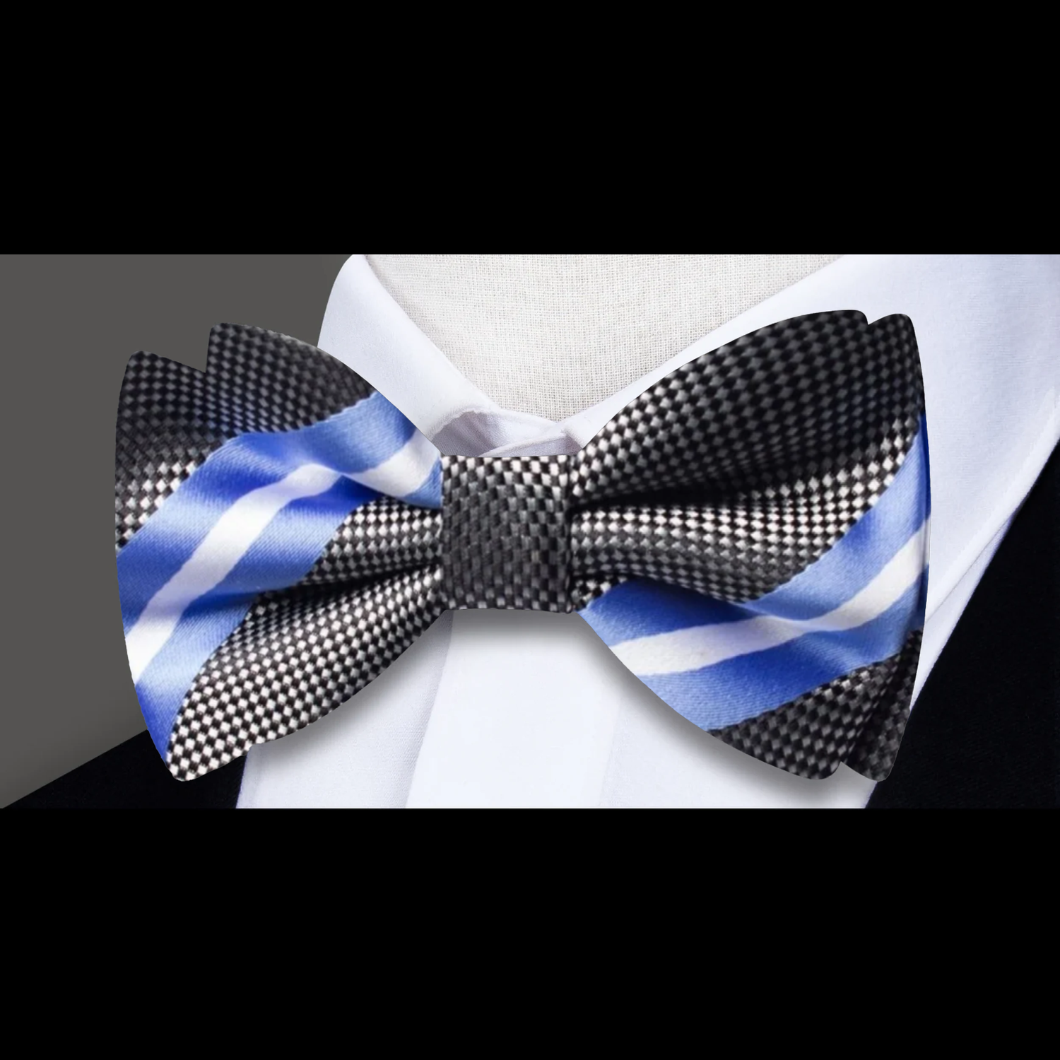 Grey, Blue, White Dapper Stripe Bow Tie a 
