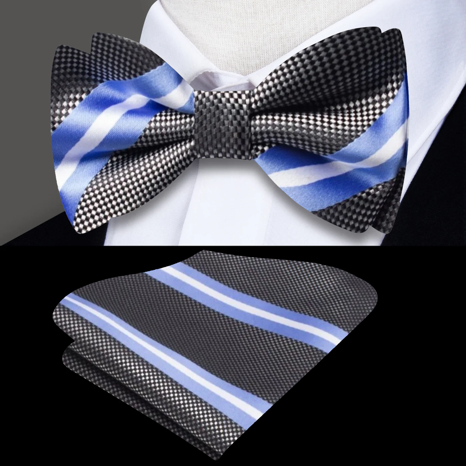Main View: Grey, Blue, White Dapper Stripe Bow Tie and Square