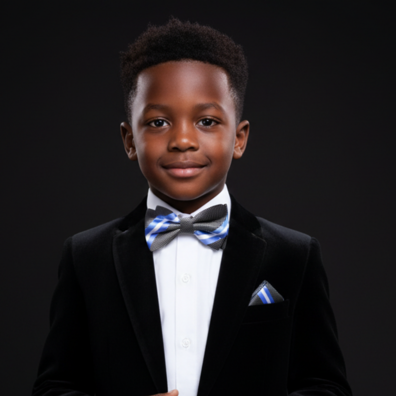 Young boy in a formal suit with a bow tie on a black background