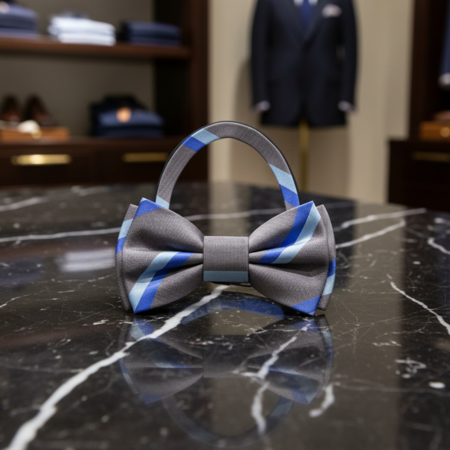 Grey and Blue Stripe Pre Tied Bow Tie