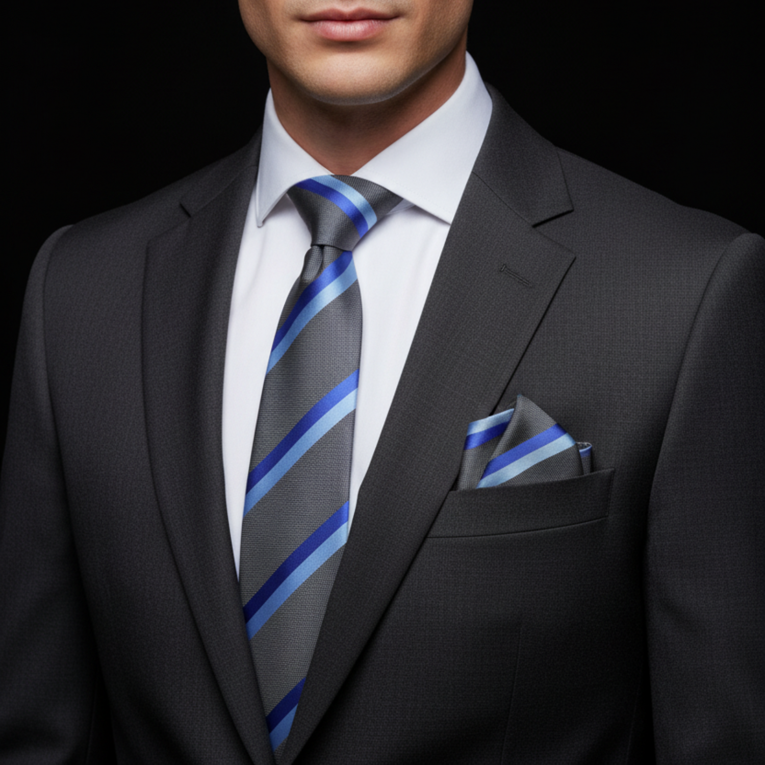Man wearing a dark suit with a striped tie and pocket square on a black background